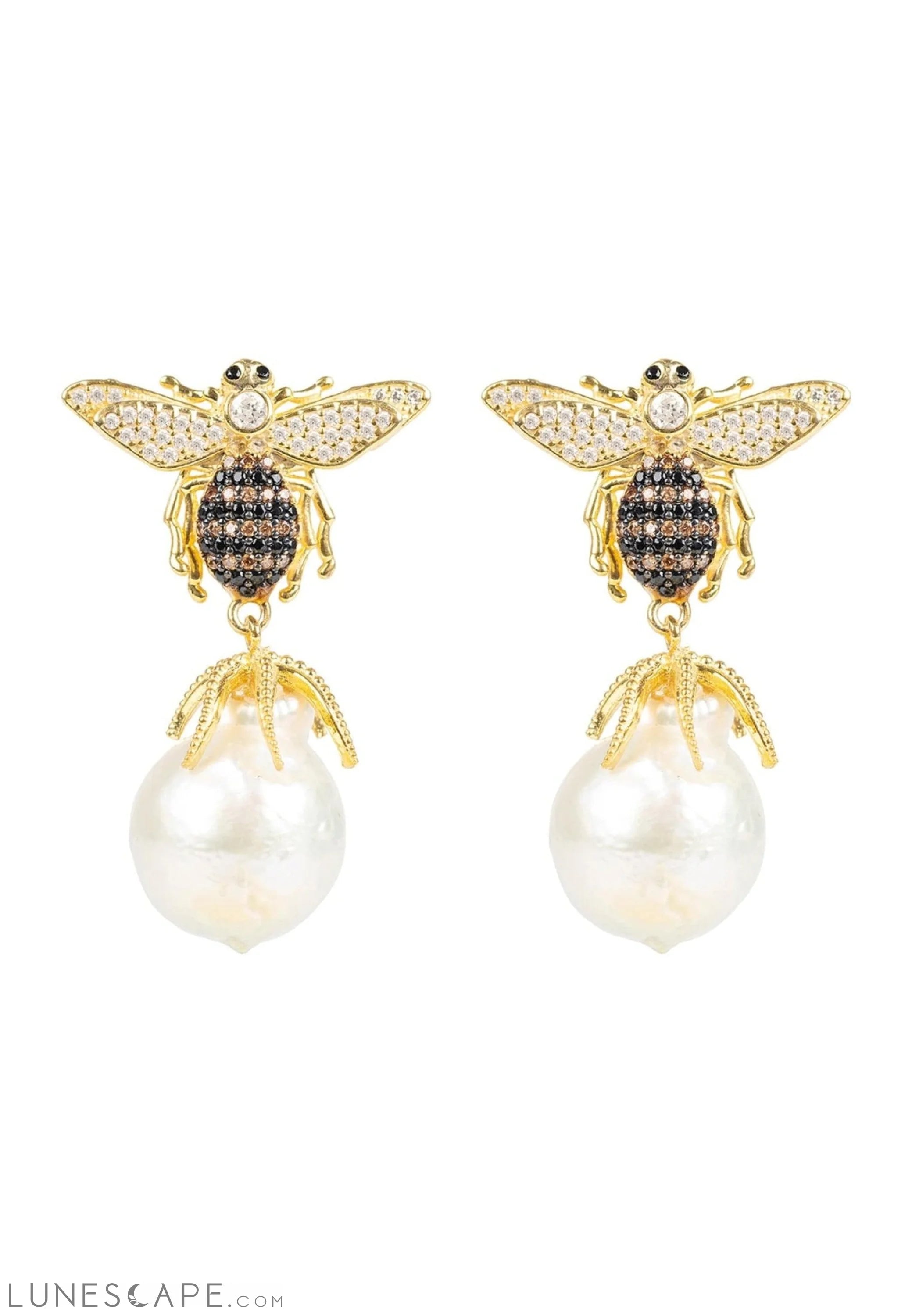 Baroque Pearl Honey Bee Drop Earrings Gold LUNESCAPE