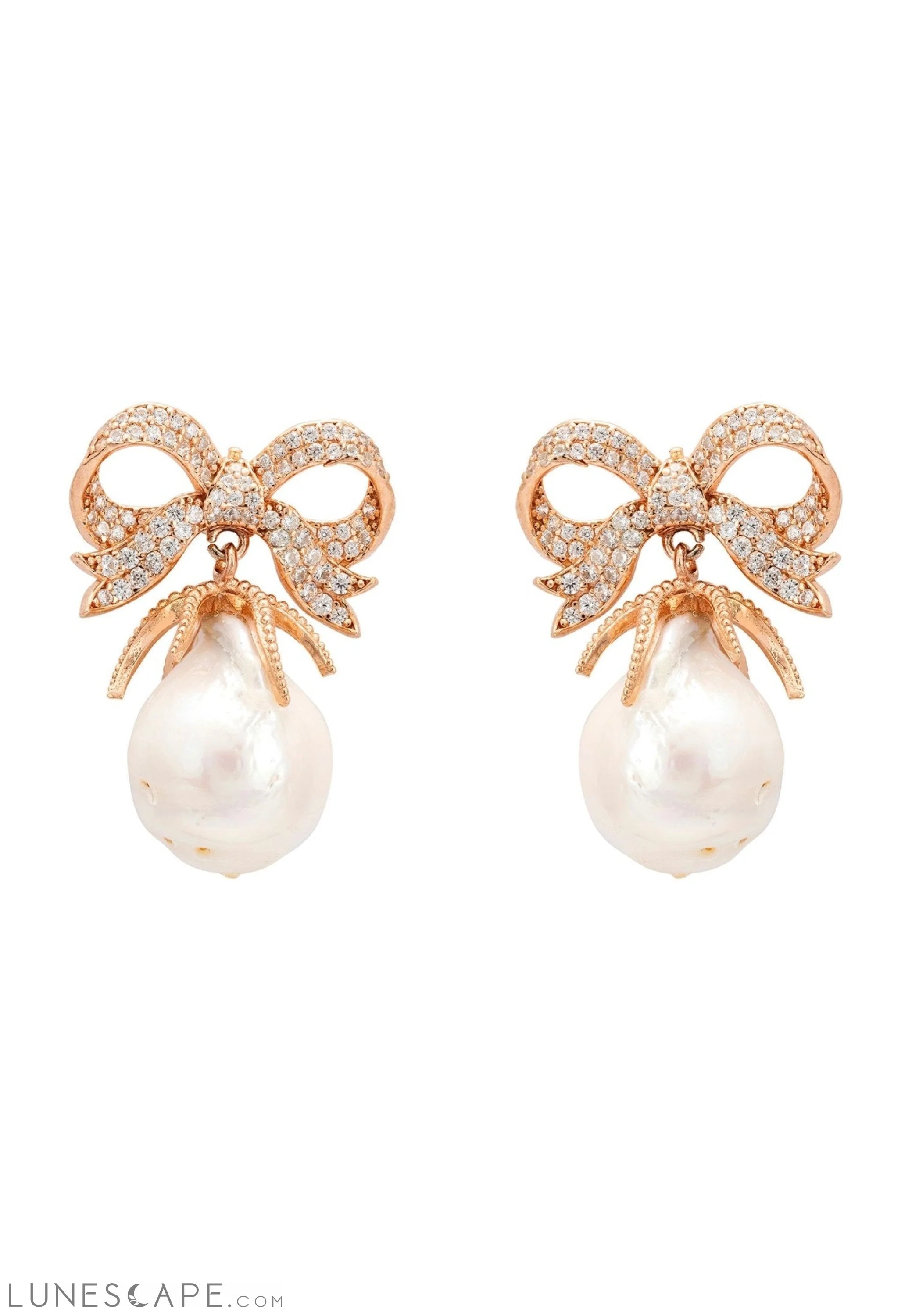Baroque Pearl Ribbon and Bows Drop Earrings Rosegold LUNESCAPE