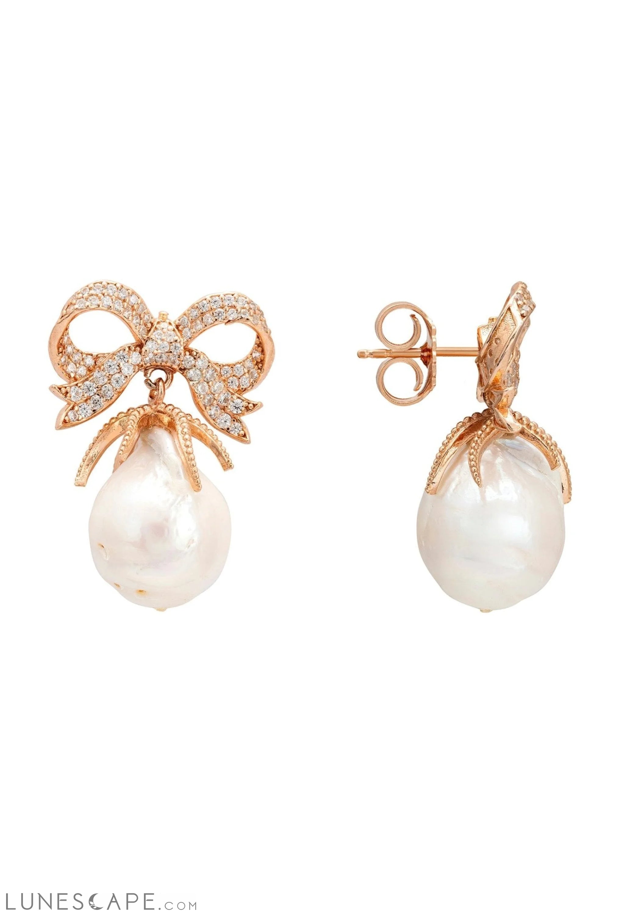 Baroque Pearl Ribbon and Bows Drop Earrings Rosegold LUNESCAPE