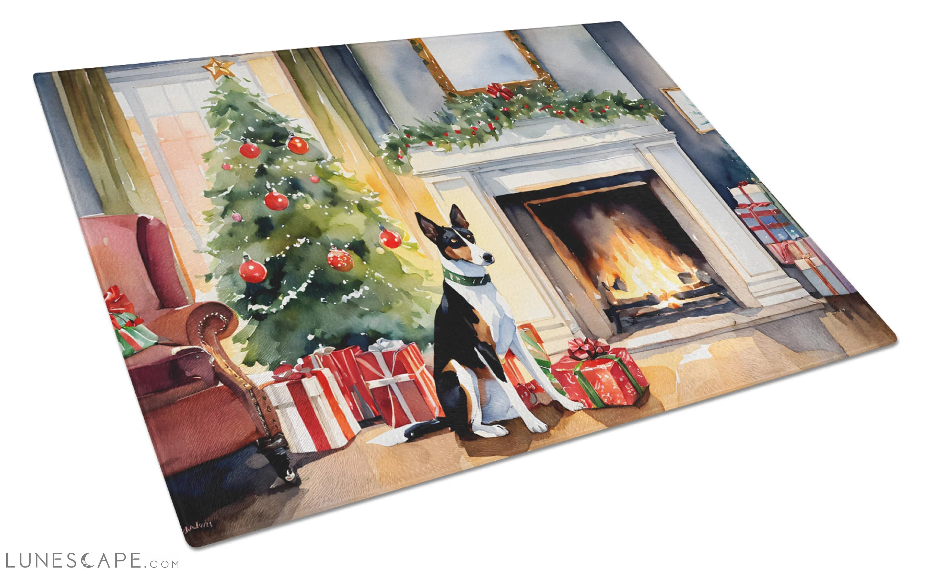 Basenji Cozy Christmas Glass Cutting Board LUNESCAPE