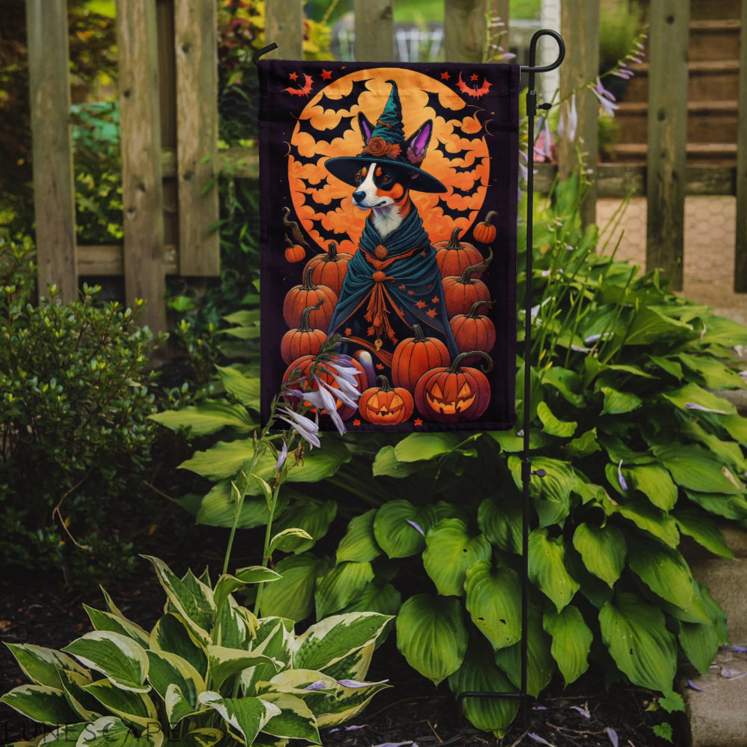 Basenji Witchy Halloween Garden Flag LUNESCAPE