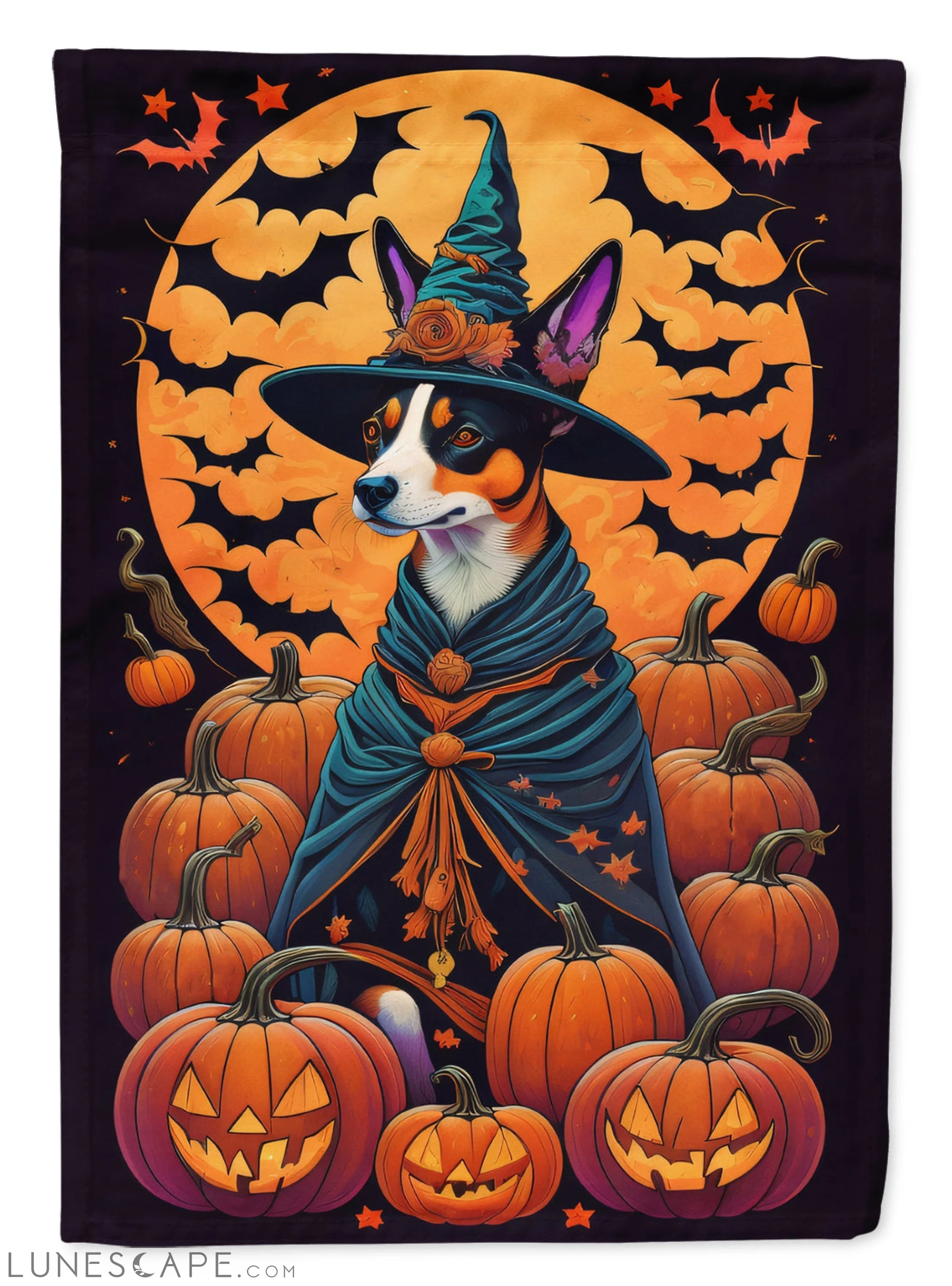 Basenji Witchy Halloween House Flag LUNESCAPE