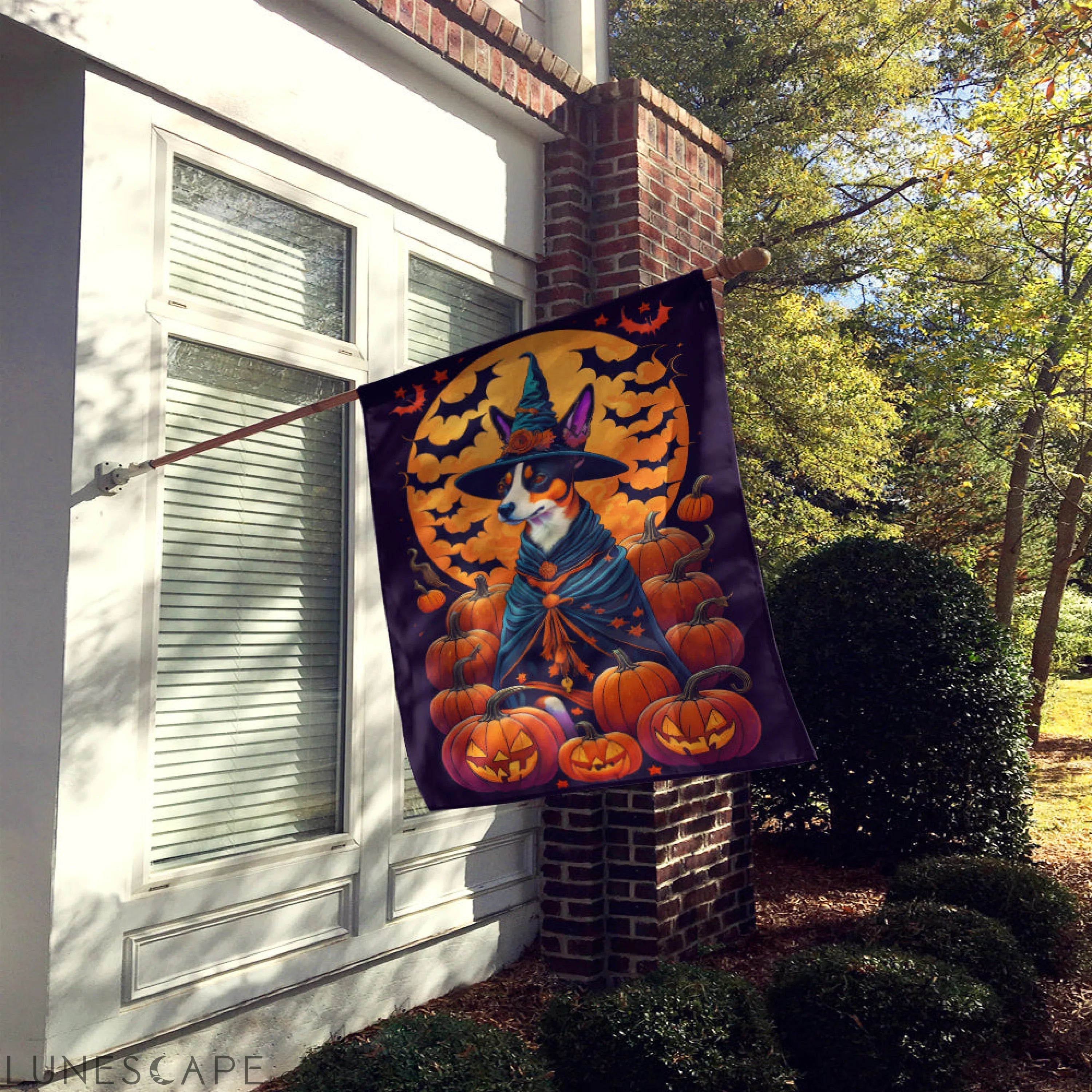 Basenji Witchy Halloween House Flag LUNESCAPE