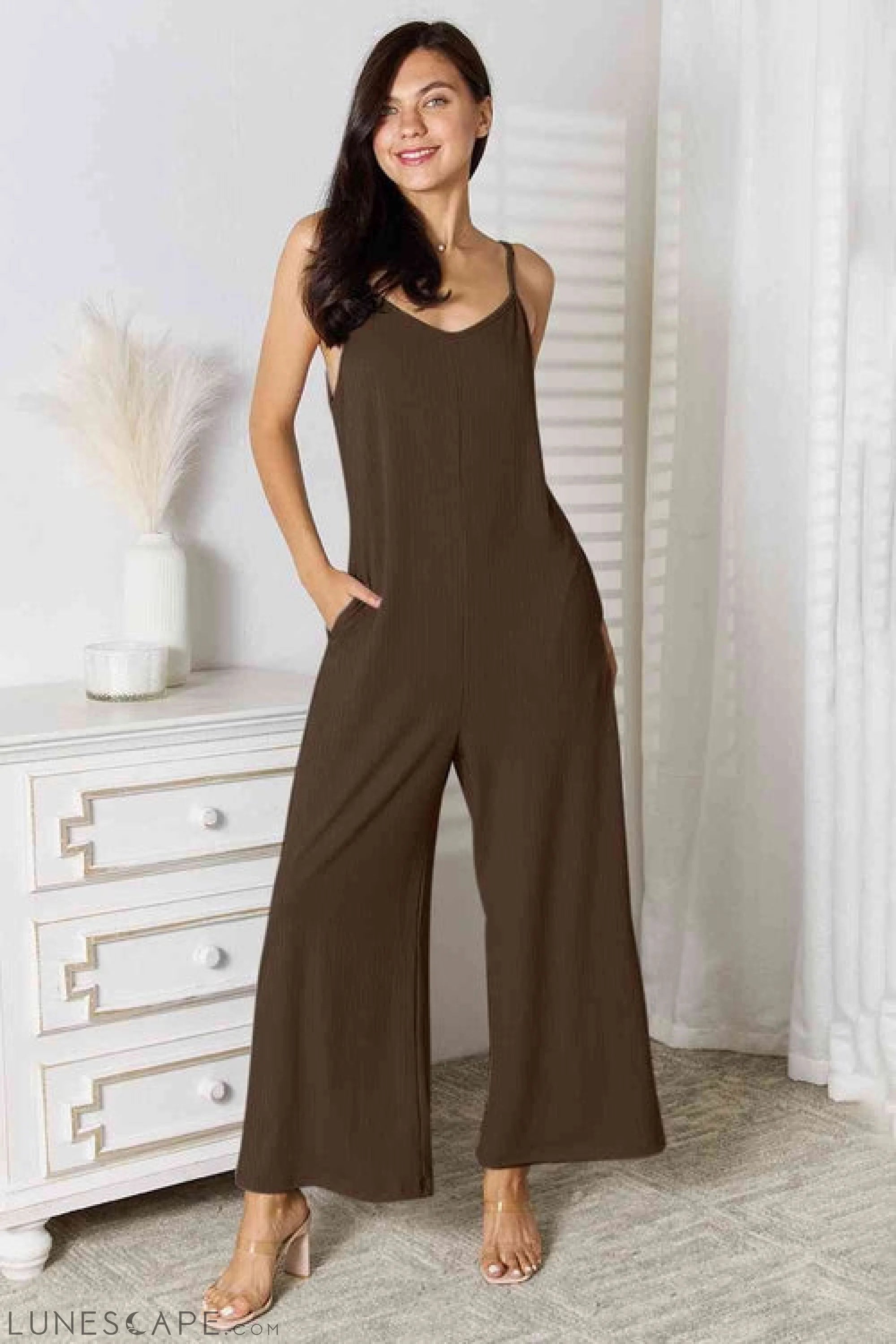 Basic Bae Spaghetti Strap Jumpsuit - Full Size V-Neck Design LUNESCAPE