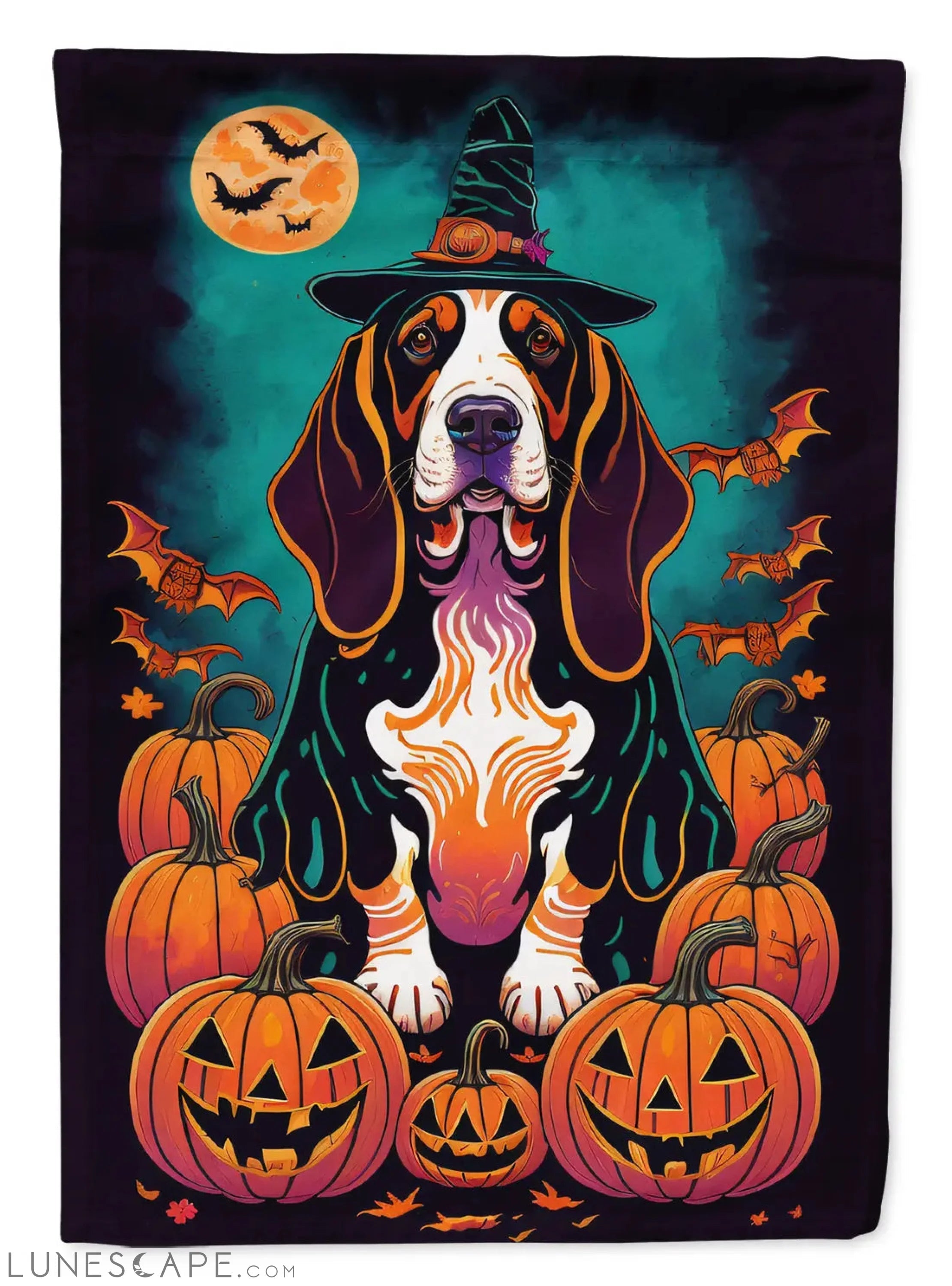 Basset Hound Witchy Halloween House Flag LUNESCAPE