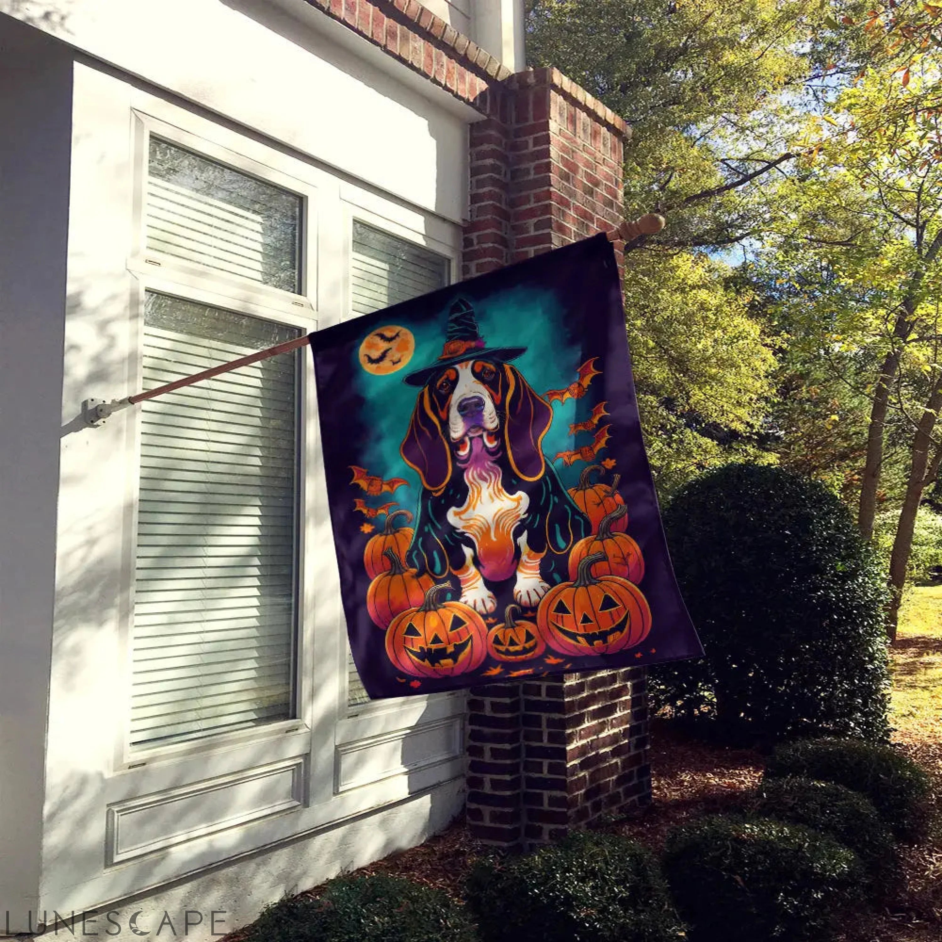 Basset Hound Witchy Halloween House Flag LUNESCAPE