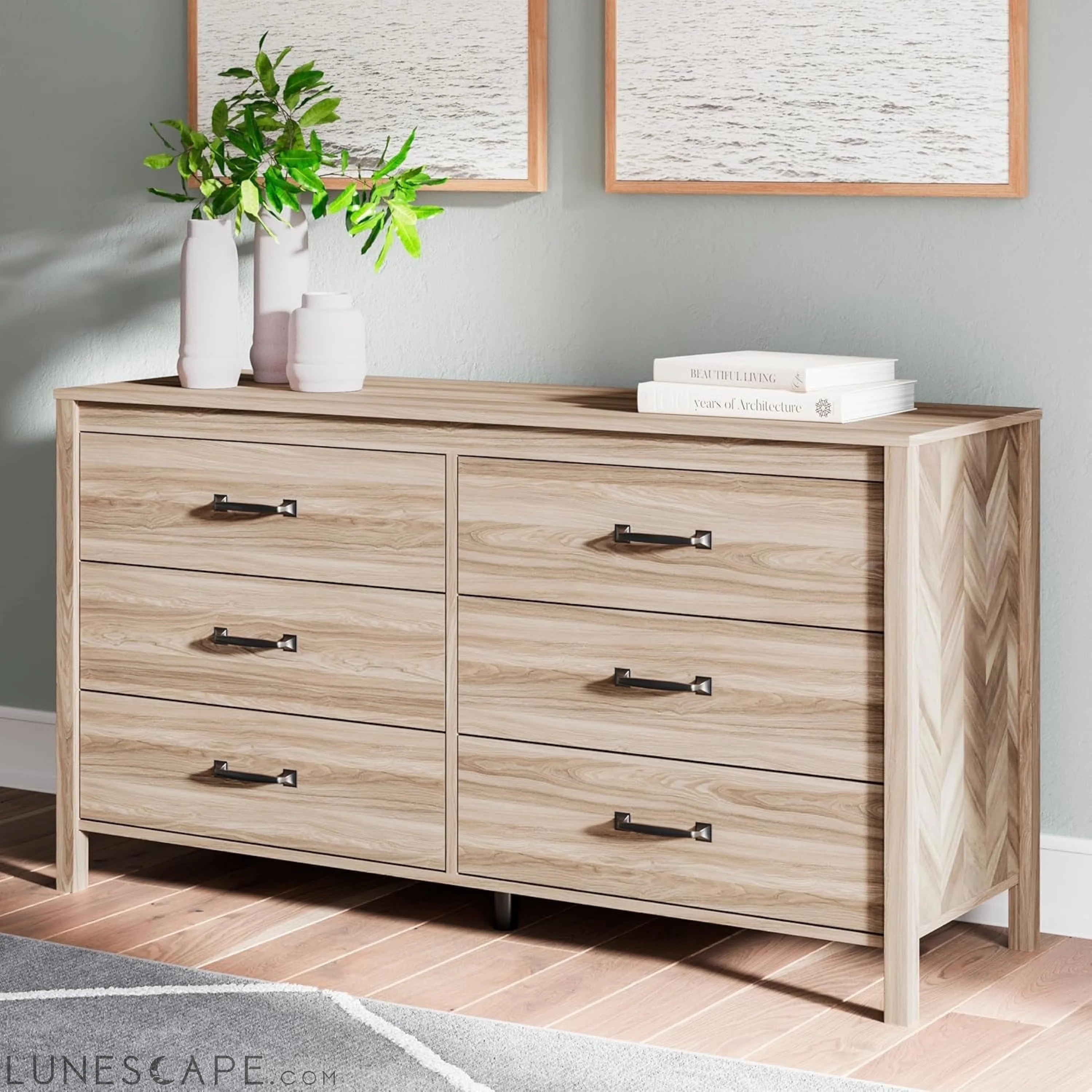 Battelle Mid-Century Modern 6 Drawer Dresser with Chevron Pattern and LUNESCAPE