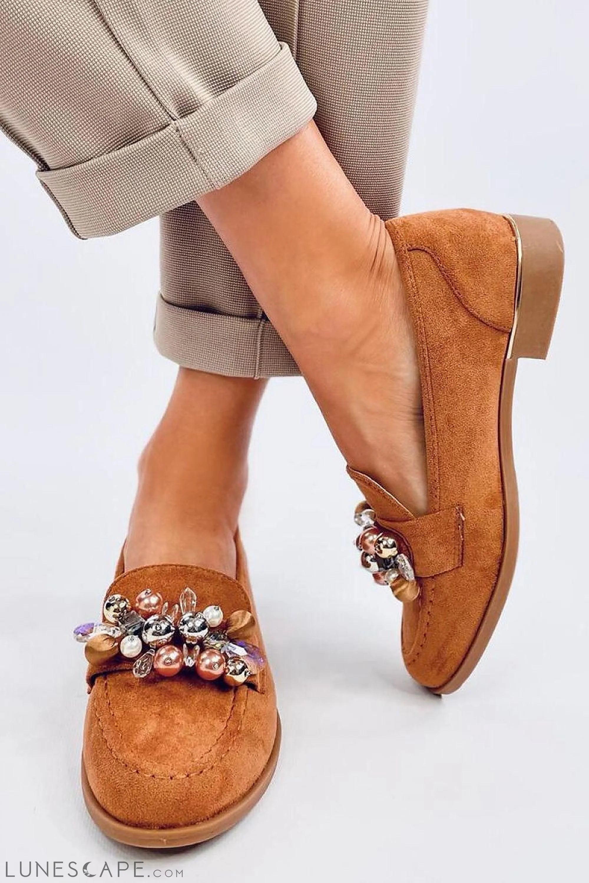 Beaded Brown Eco-Suede Loafers for Women – Almond Toe with Embellished Vamp LUNESCAPE