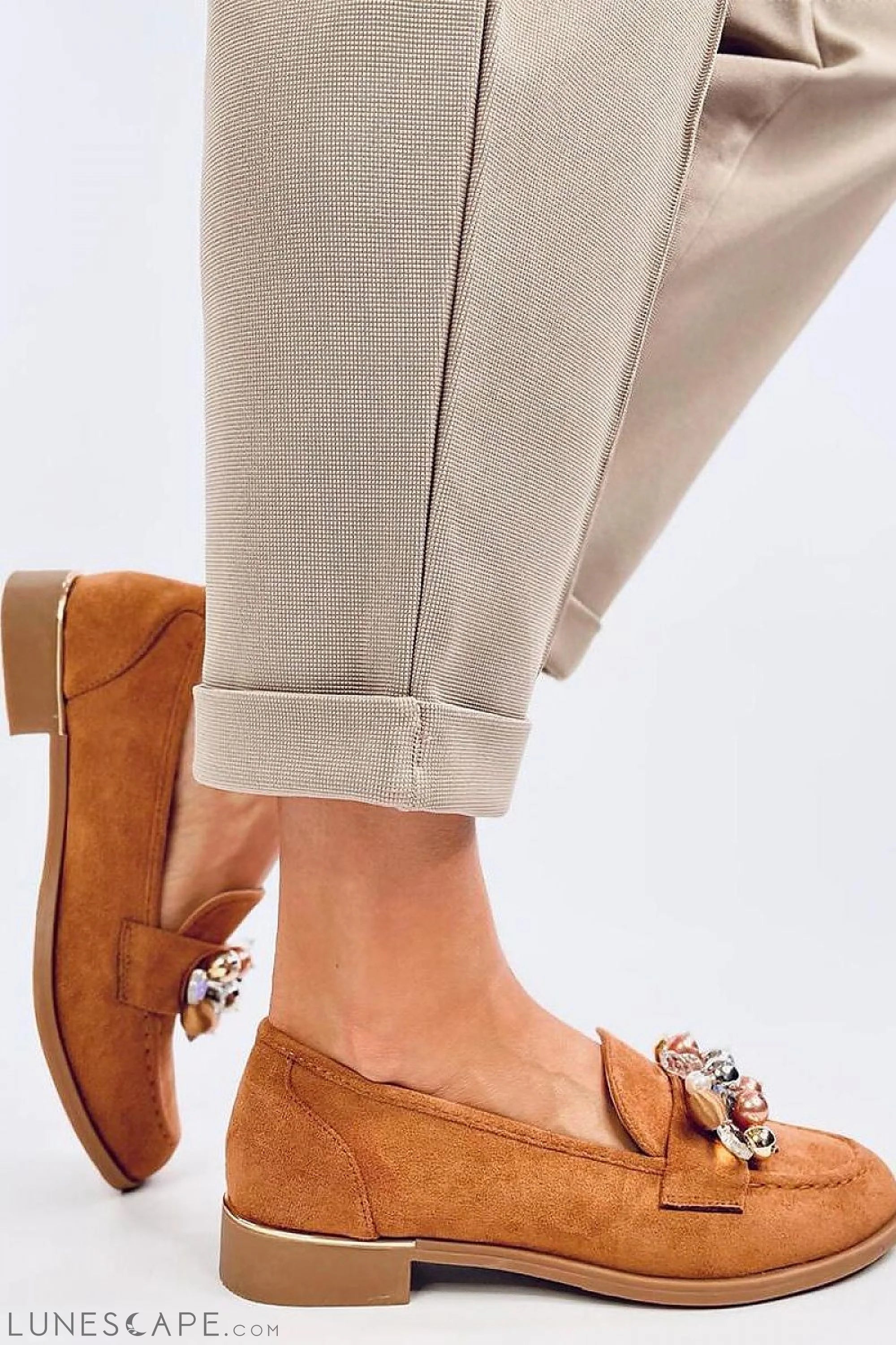 Beaded Brown Eco-Suede Loafers for Women – Almond Toe with Embellished Vamp LUNESCAPE