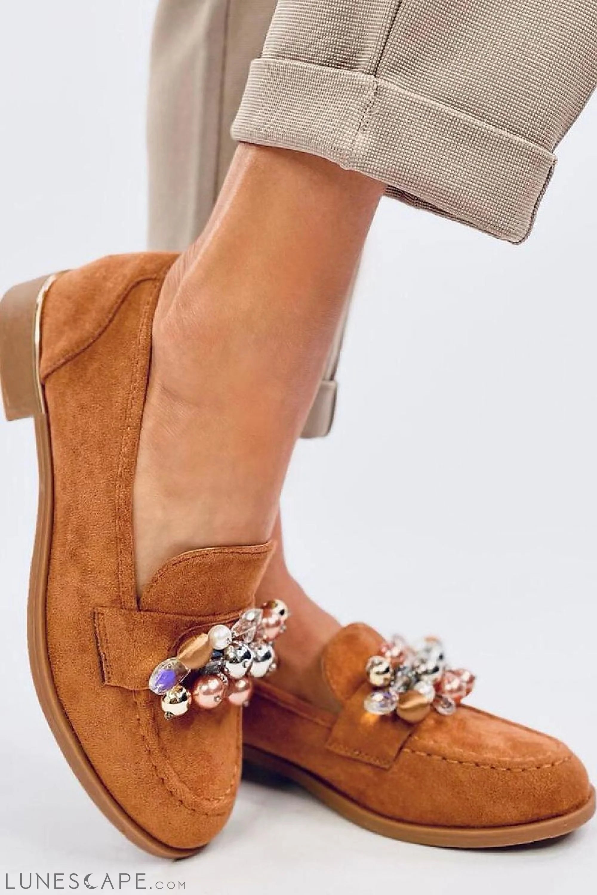 Beaded Brown Eco-Suede Loafers for Women – Almond Toe with Embellished Vamp LUNESCAPE