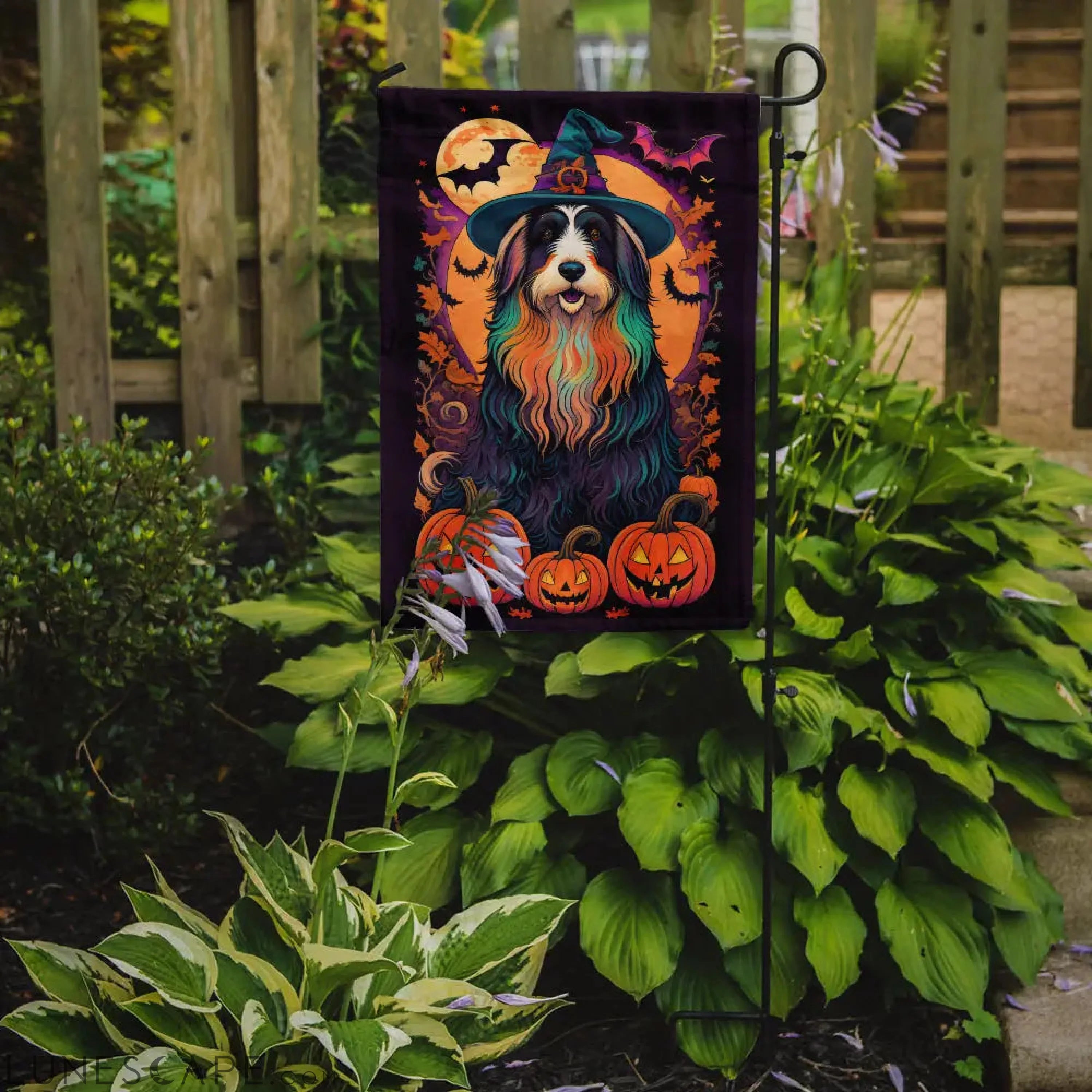 Bearded Collie Witchy Halloween Garden Flag LUNESCAPE