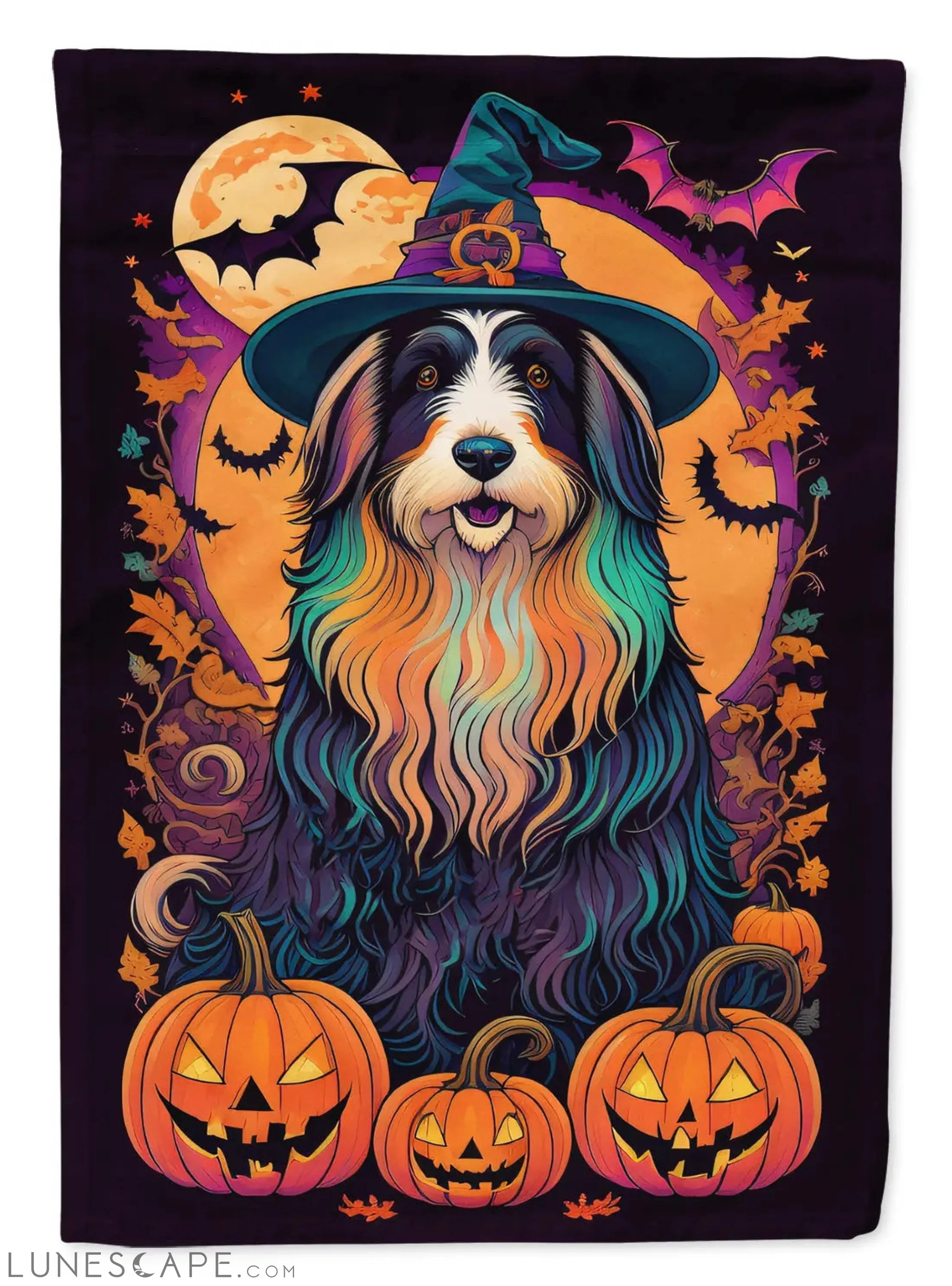 Bearded Collie Witchy Halloween Garden Flag LUNESCAPE