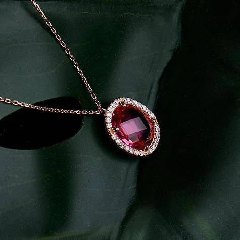 Beatrice Oval Gemstone Pendant Necklace Rose Gold Pink Tourmaline LUNESCAPE