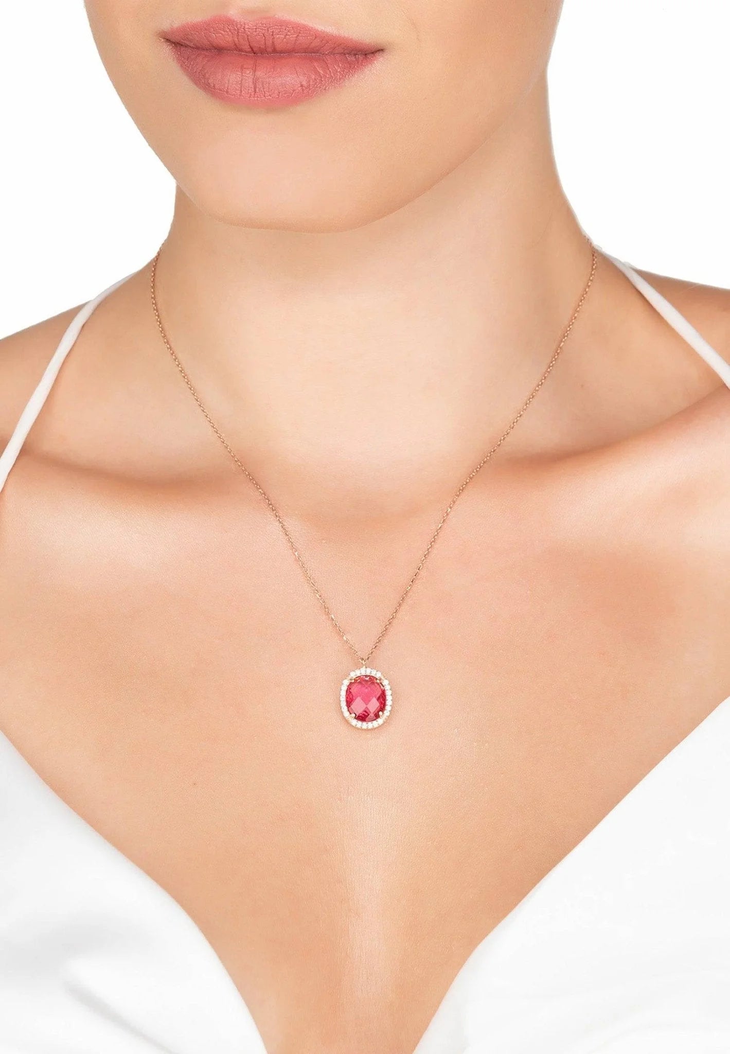Beatrice Oval Gemstone Pendant Necklace Rose Gold Pink Tourmaline LUNESCAPE