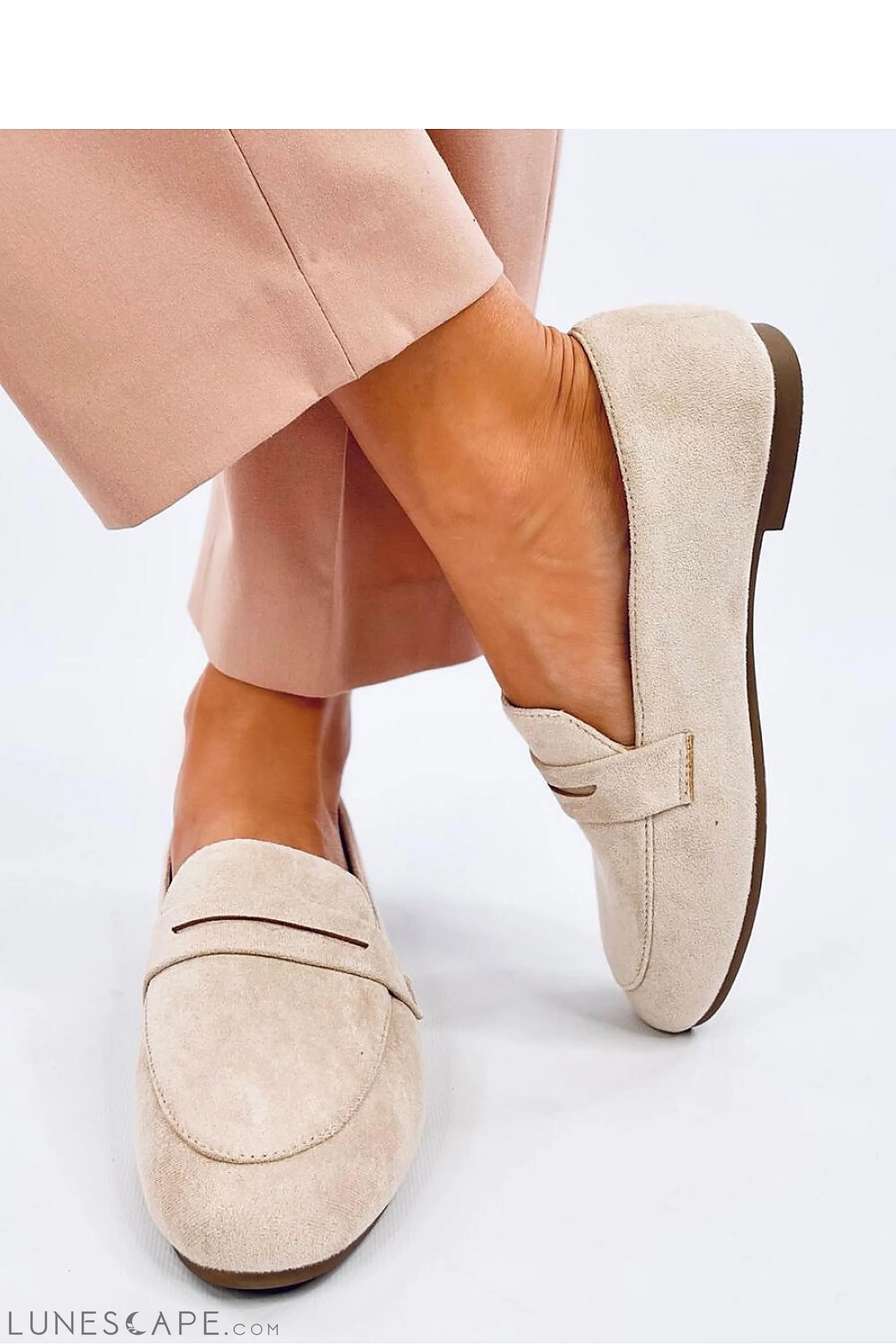 Beige Eco-Suede Loafers for Women – Almond Toe with Penny Strap LUNESCAPE