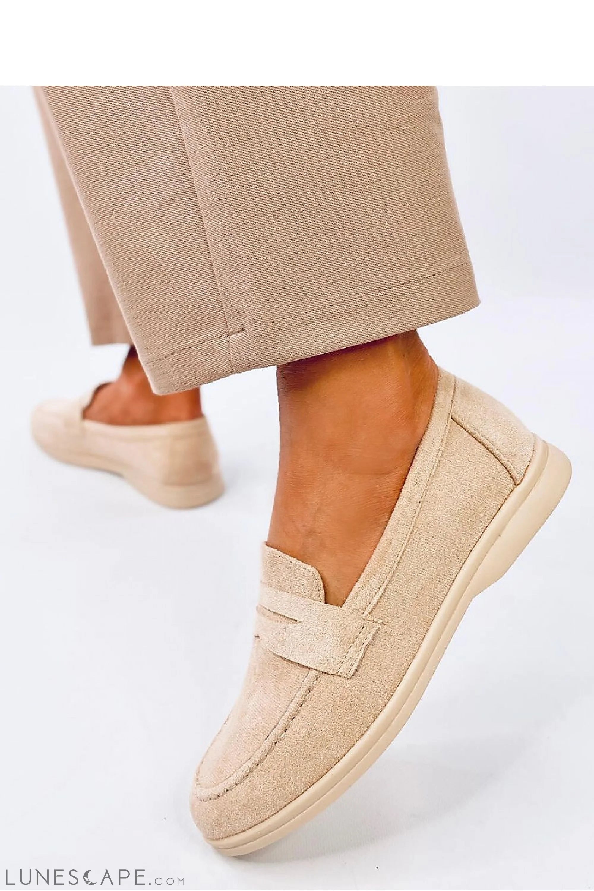 Beige Eco-Suede Loafers for Women – Almond Toe with Penny Strap Detail LUNESCAPE