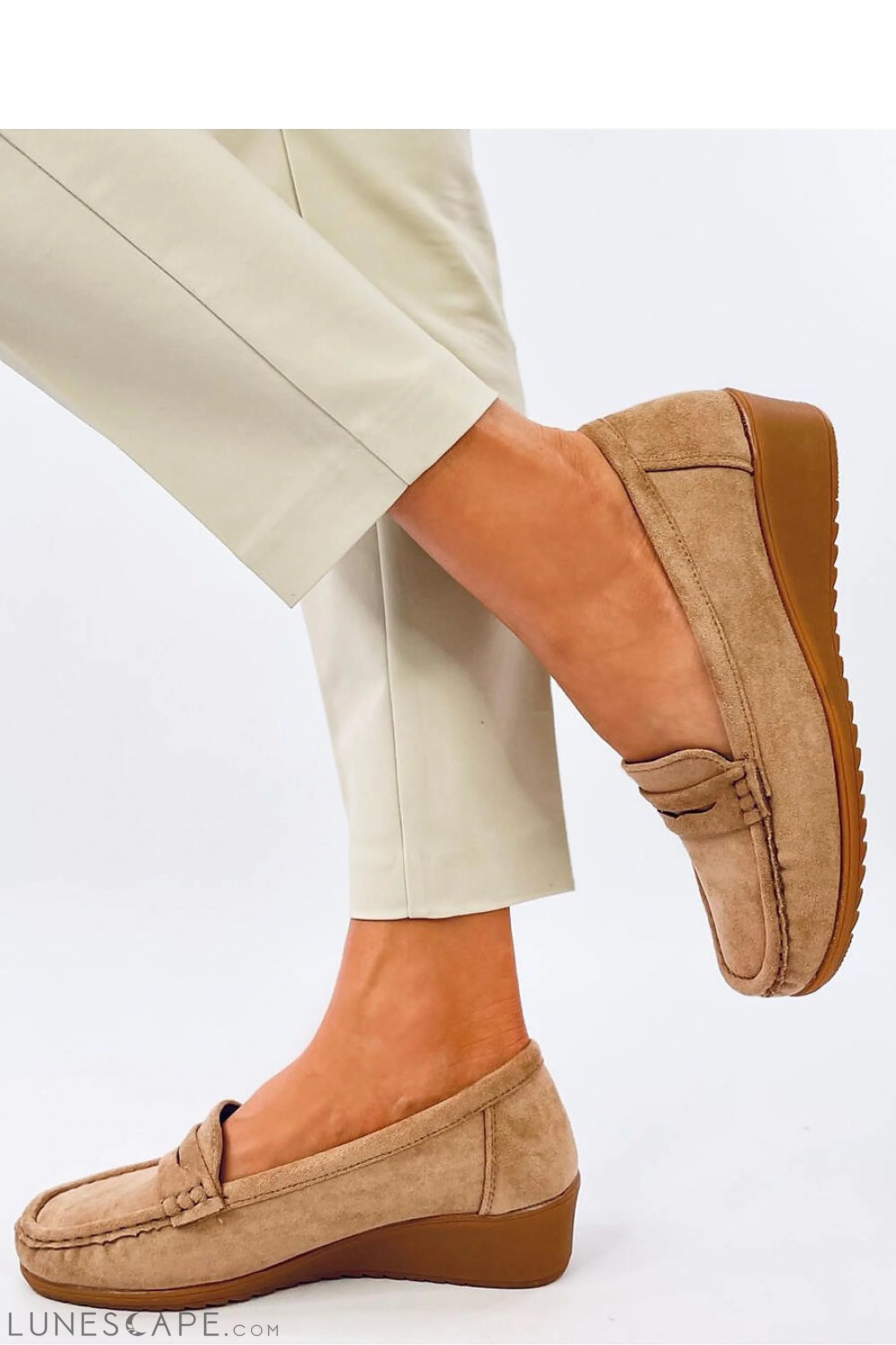 Beige Eco-Suede Loafers for Women – Almond Toe with Wedge Sole LUNESCAPE