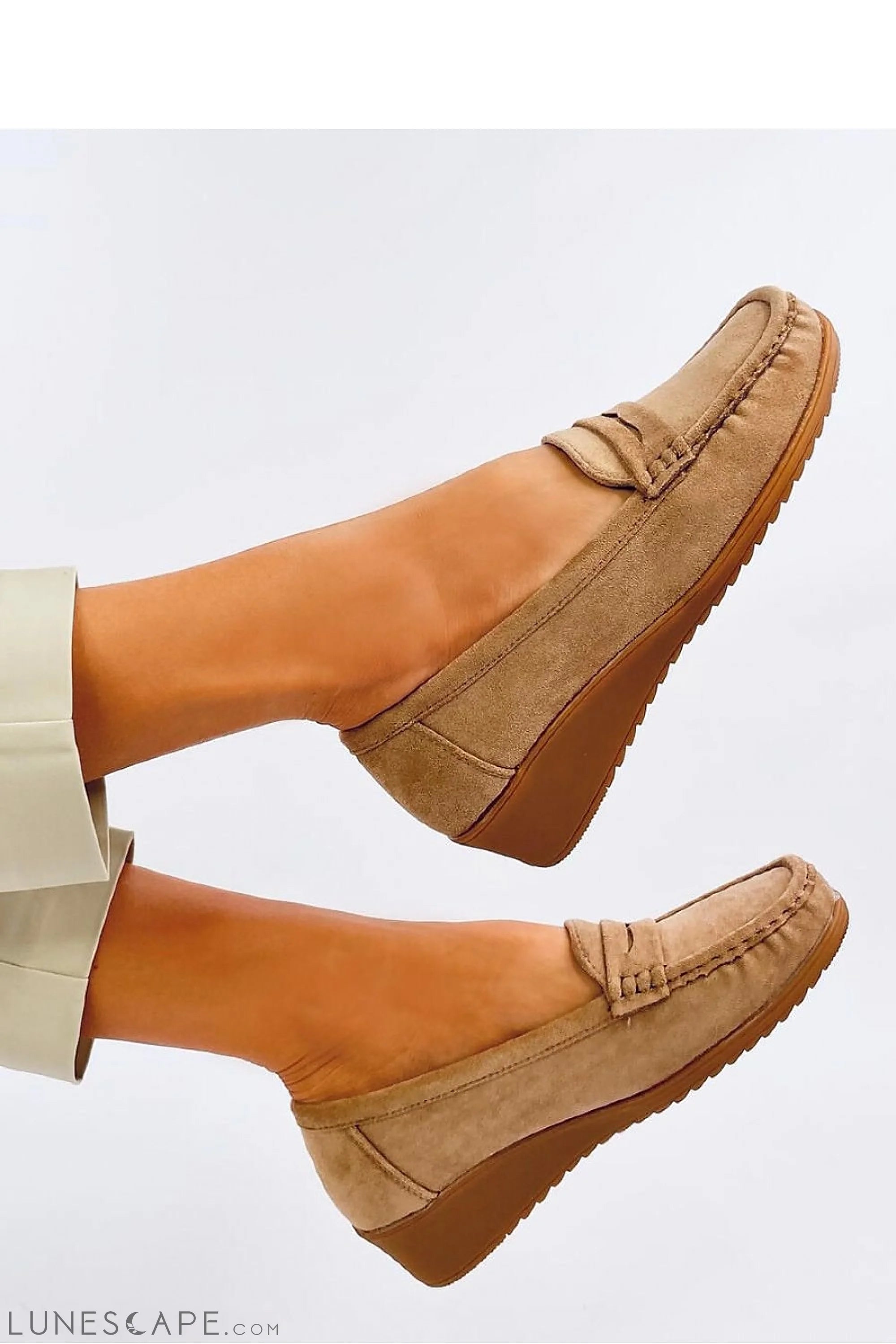 Beige Eco-Suede Loafers for Women – Almond Toe with Wedge Sole LUNESCAPE