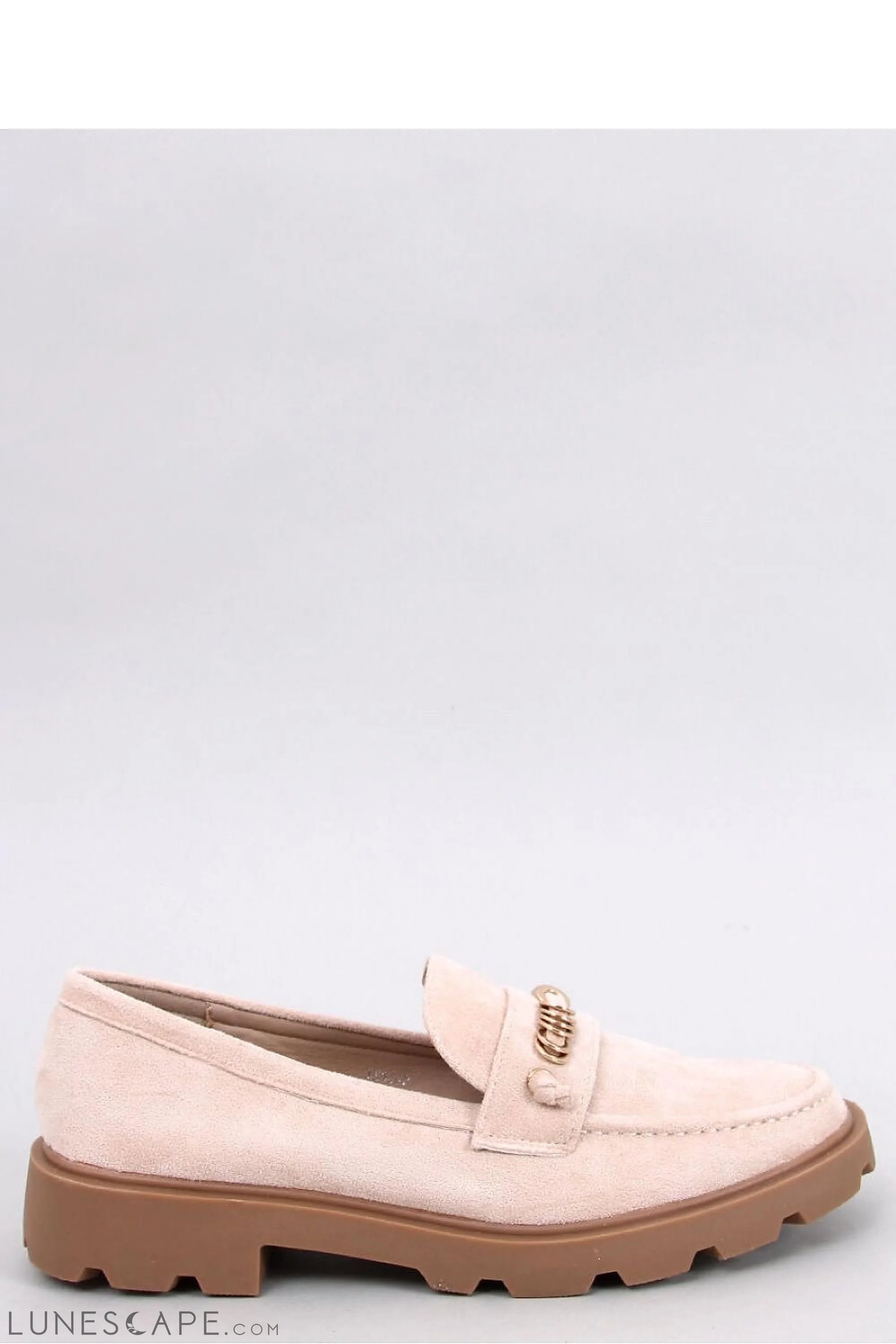 Beige Eco-Suede Lug-Sole Loafers with Gold Chain Accent LUNESCAPE