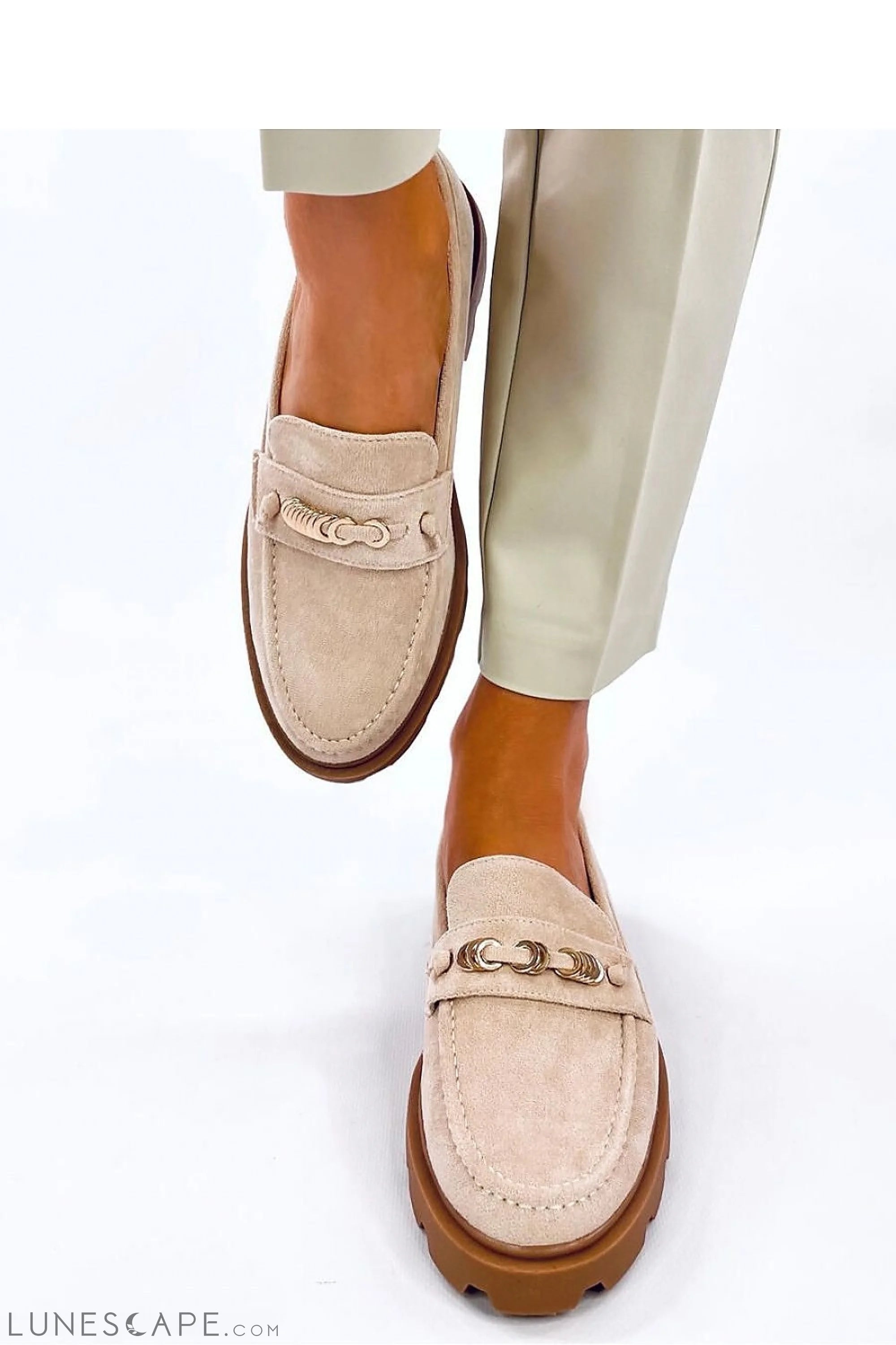 Beige Eco-Suede Lug-Sole Loafers with Gold Chain Accent LUNESCAPE