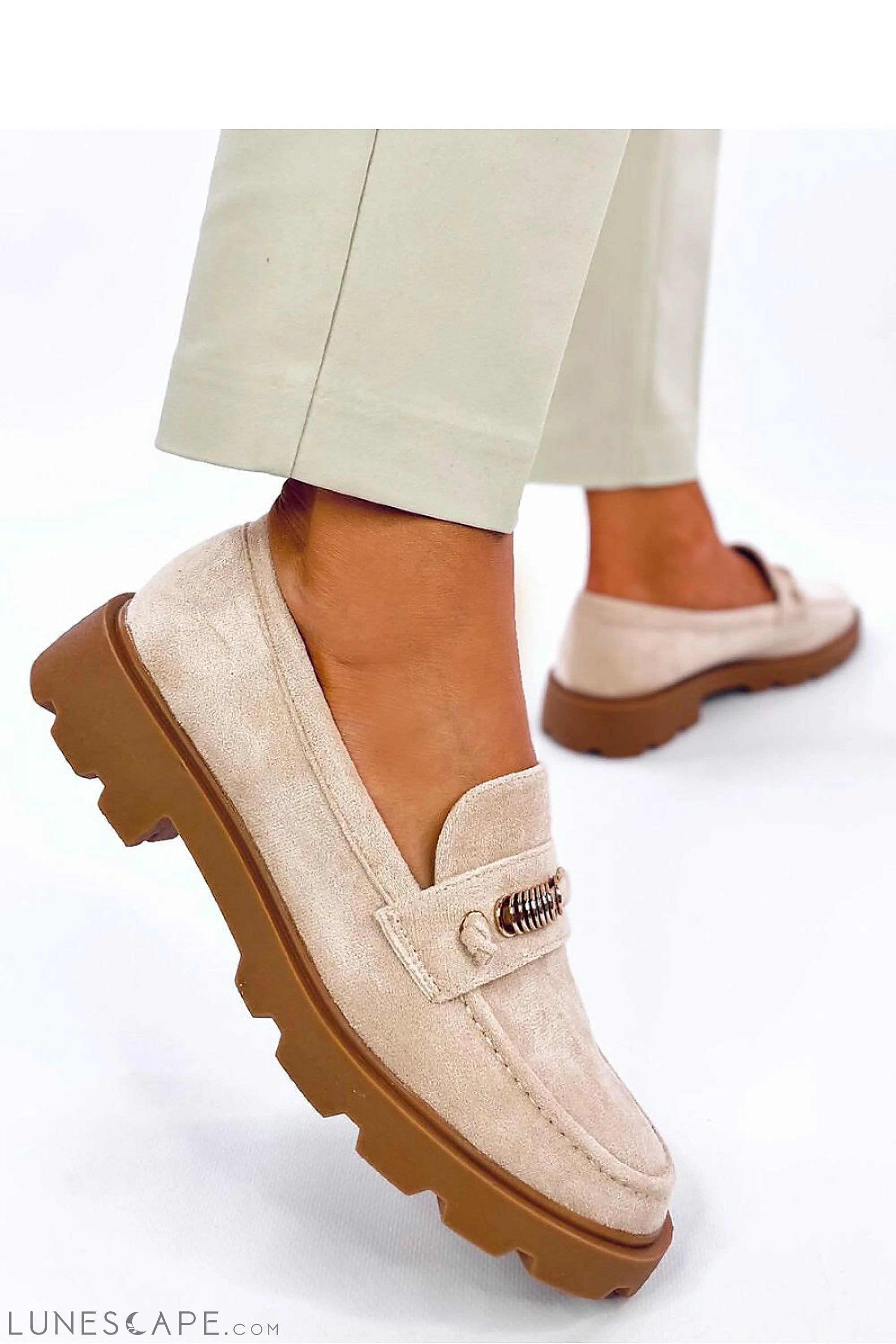 Beige Eco-Suede Lug-Sole Loafers with Gold Chain Accent LUNESCAPE