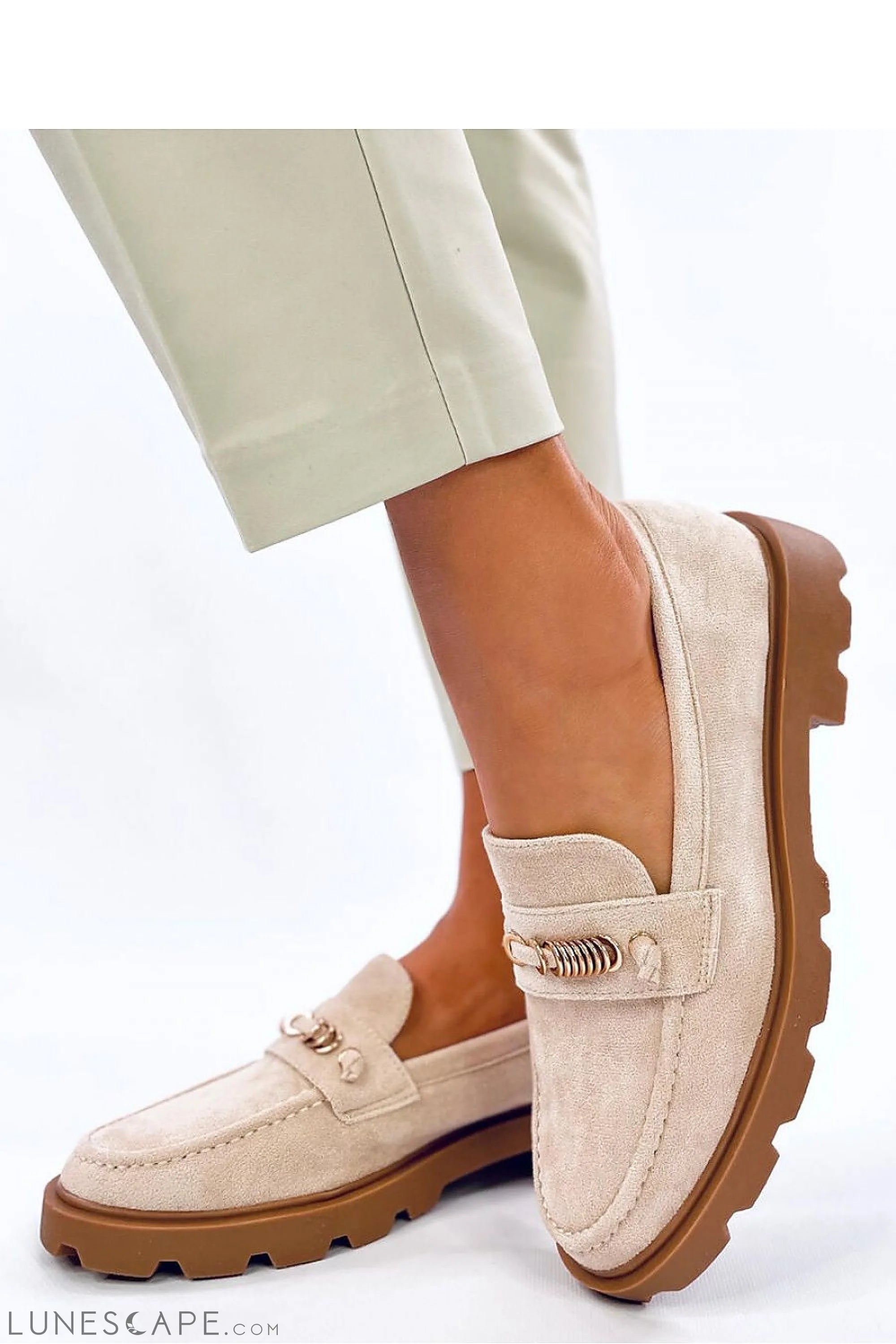 Beige Eco-Suede Lug-Sole Loafers with Gold Chain Accent LUNESCAPE