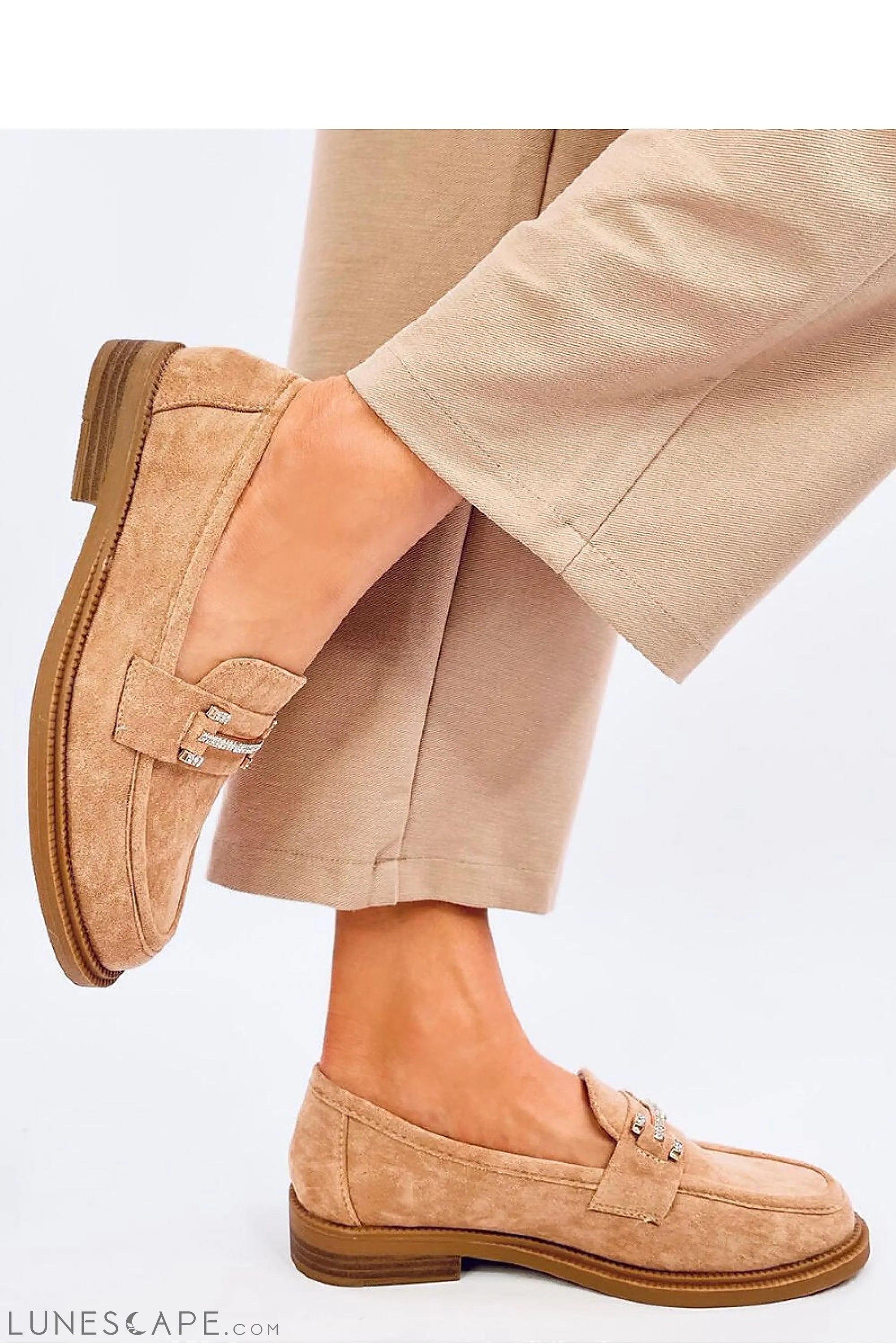 Beige Eco-Suede Women’s Loafers with Crystal-Studded Penny Bar LUNESCAPE