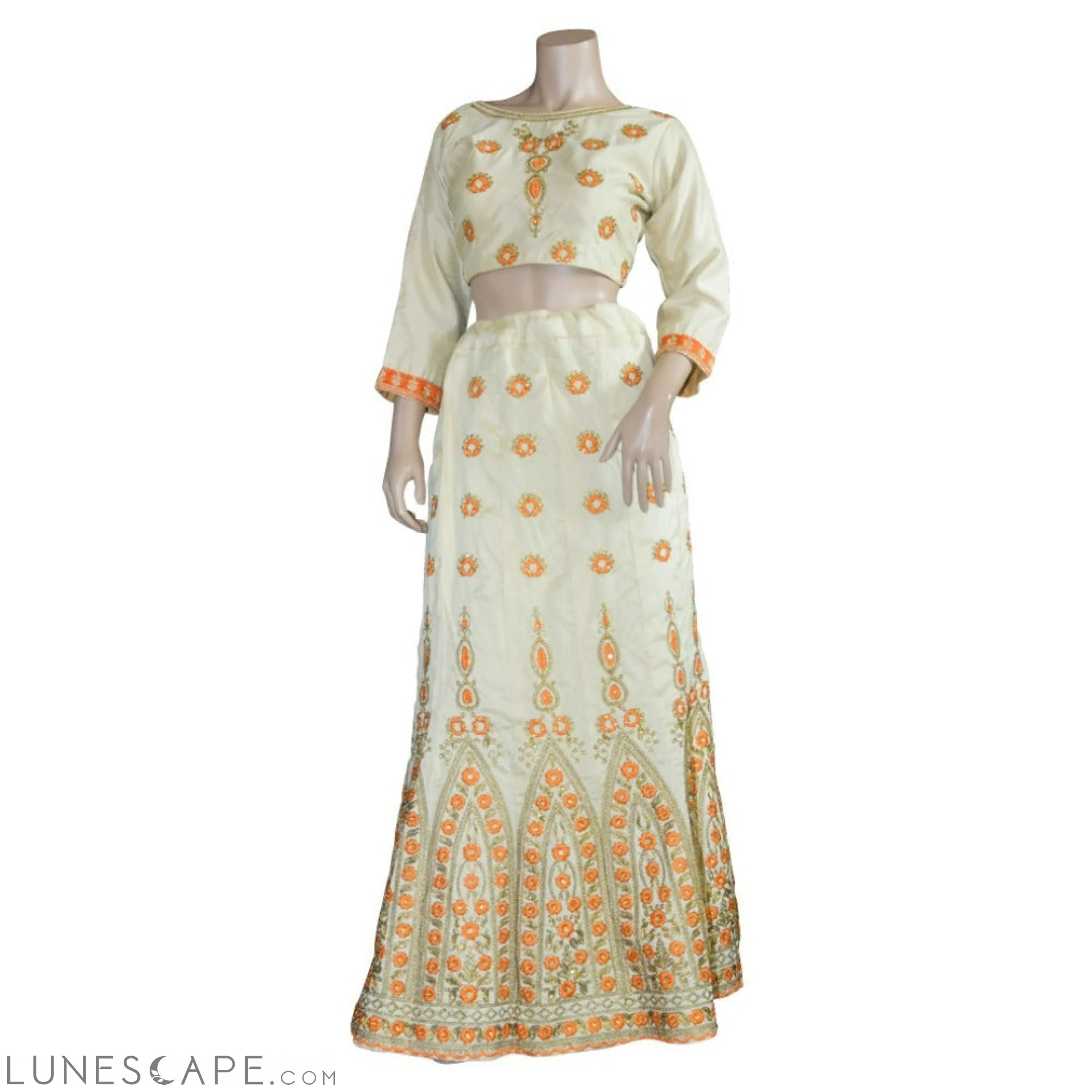 Beige Embroidered Lehenga With Orange or Pink Embroidery and Contrast Duppatta LUNESCAPE