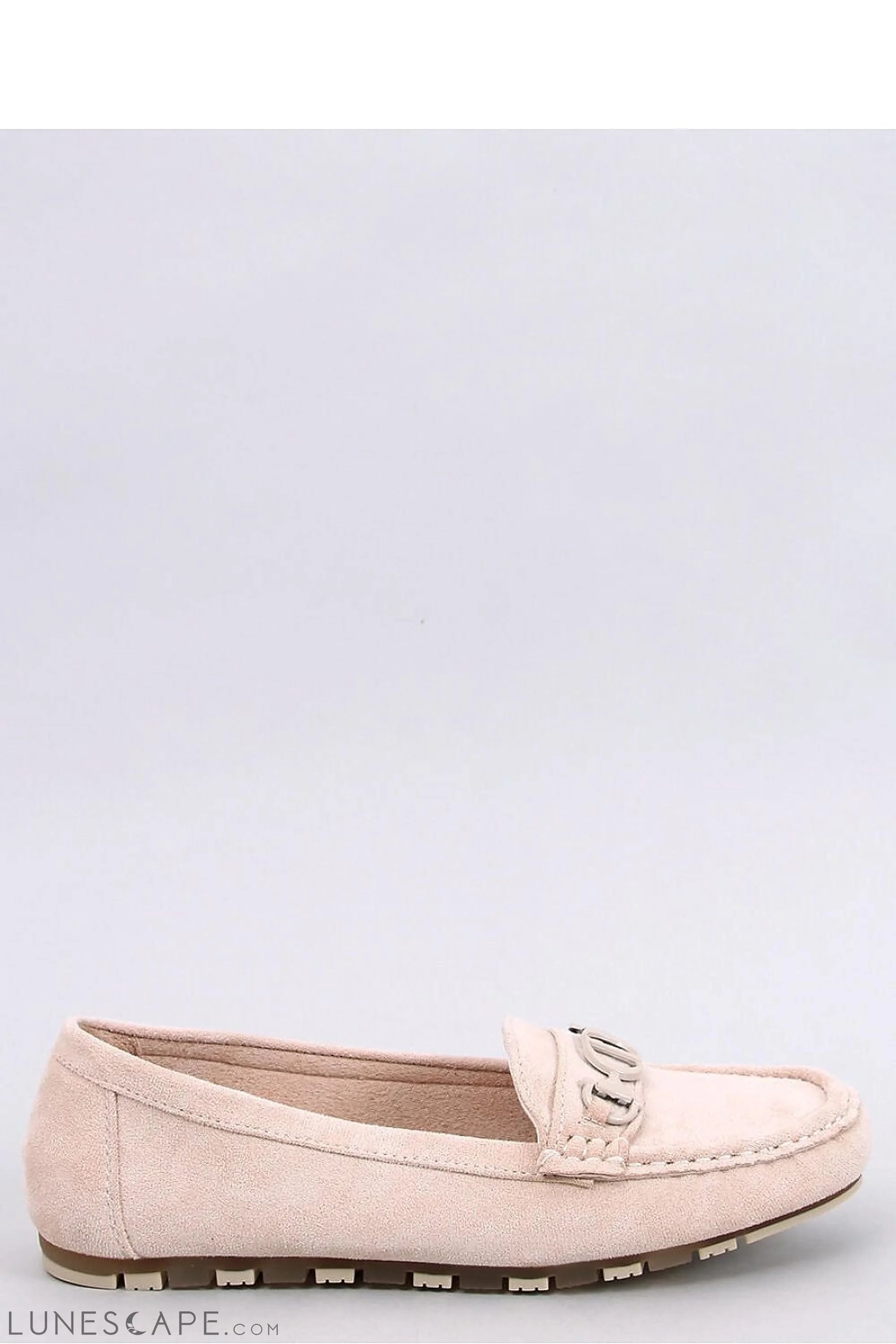 Beige Pink Eco-Suede Women’s Driving Loafers with Silver Chain Accent LUNESCAPE