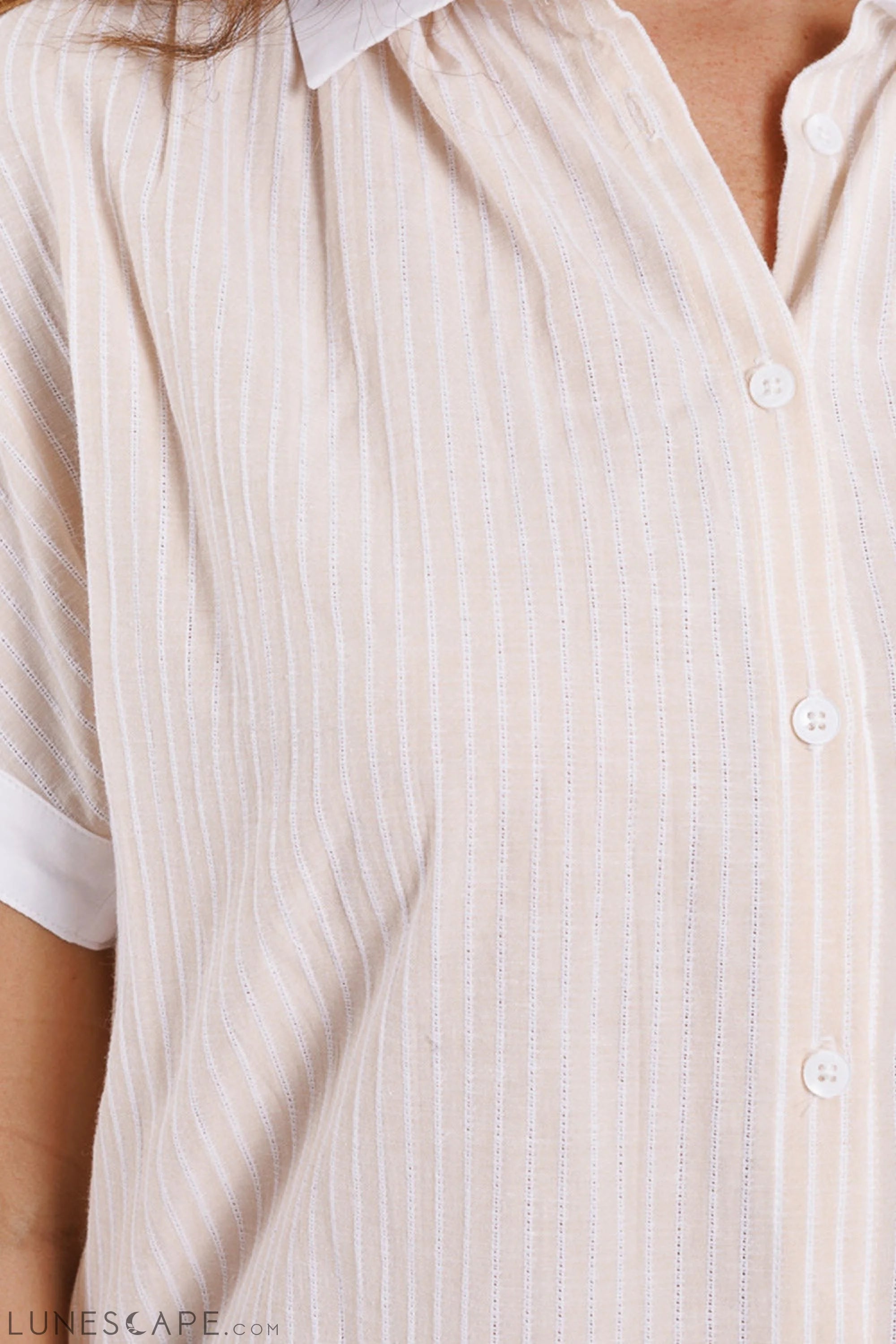 Beige Shirt With Short Sleeves and Vertical Stripes LUNESCAPE