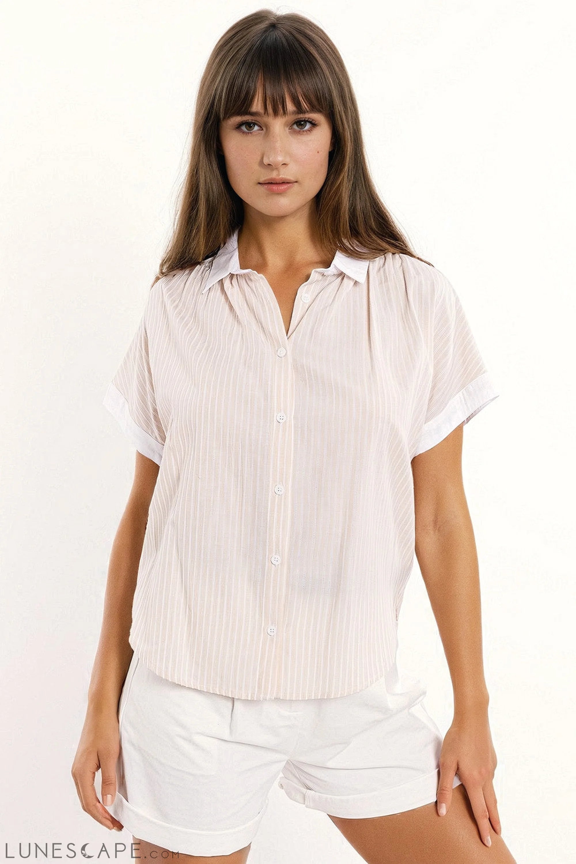 Beige Shirt With Short Sleeves and Vertical Stripes LUNESCAPE