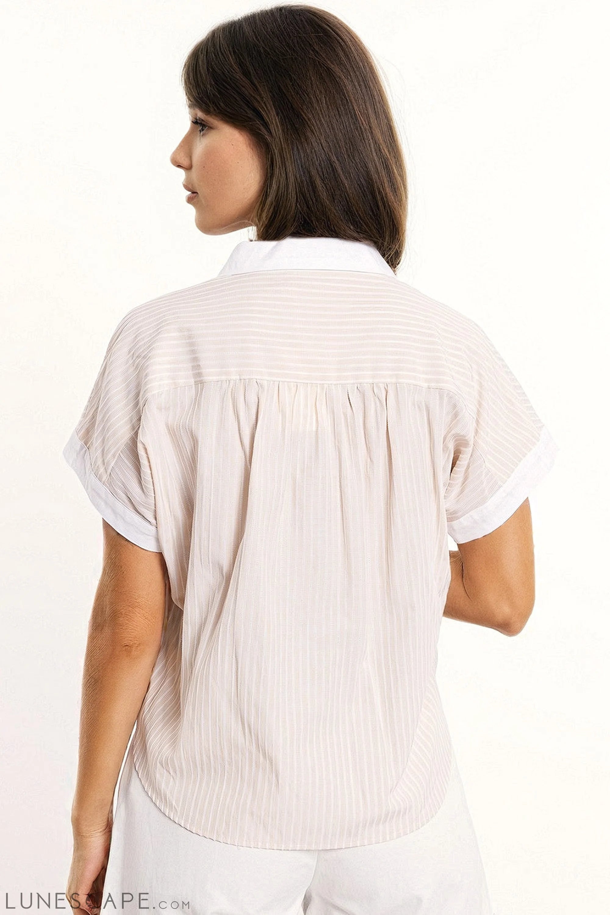 Beige Shirt With Short Sleeves and Vertical Stripes LUNESCAPE