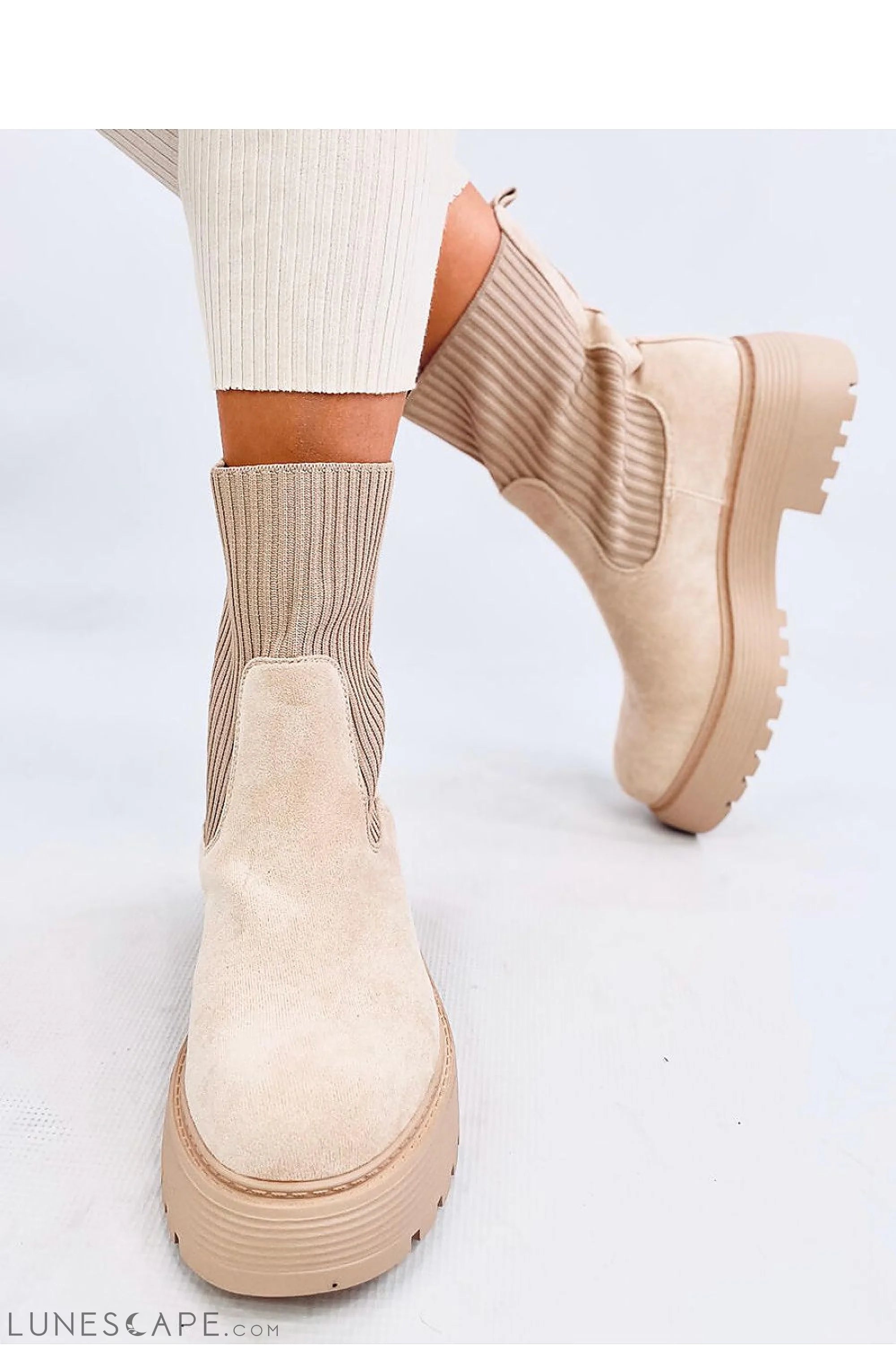 Beige Suede Chelsea Boots with Ribbed Elastic Panels and Lug Sole LUNESCAPE