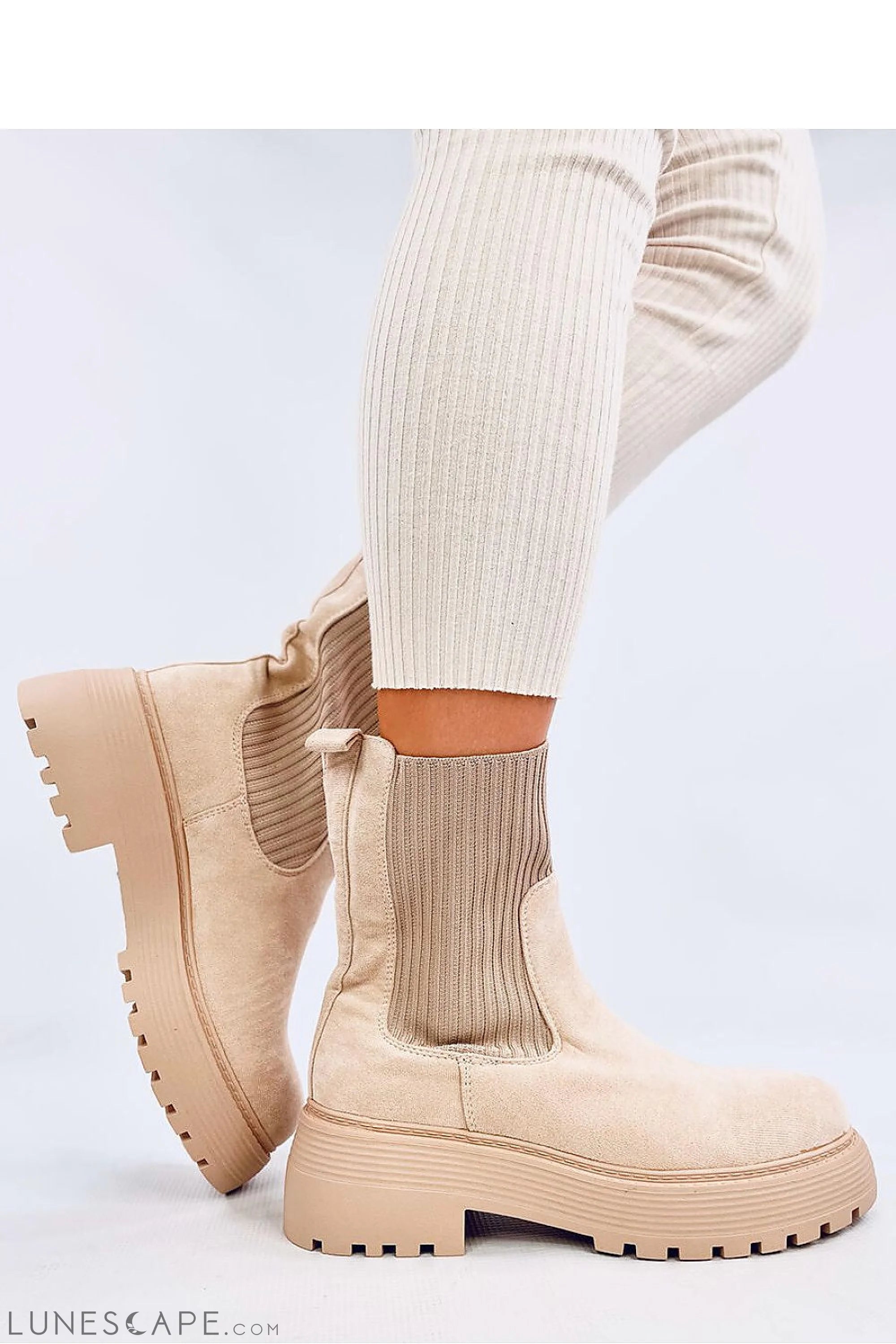Beige Suede Chelsea Boots with Ribbed Elastic Panels and Lug Sole LUNESCAPE