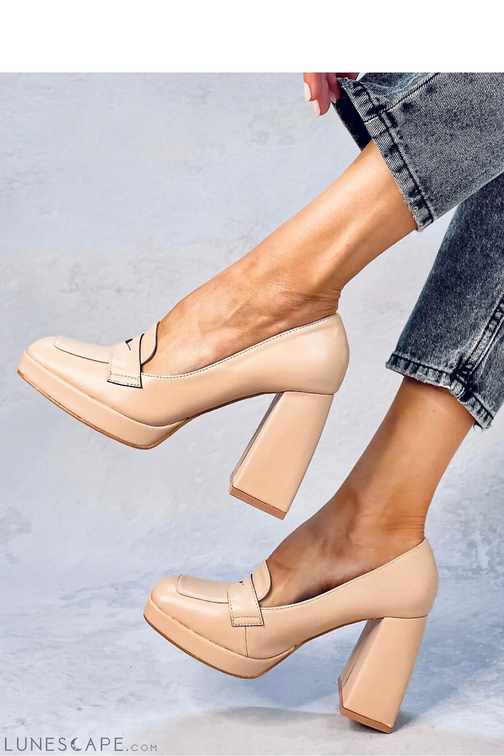 Beige Vegan Leather Penny Loafers – Women's Square Toe Block Heel & Cutout Strap LUNESCAPE