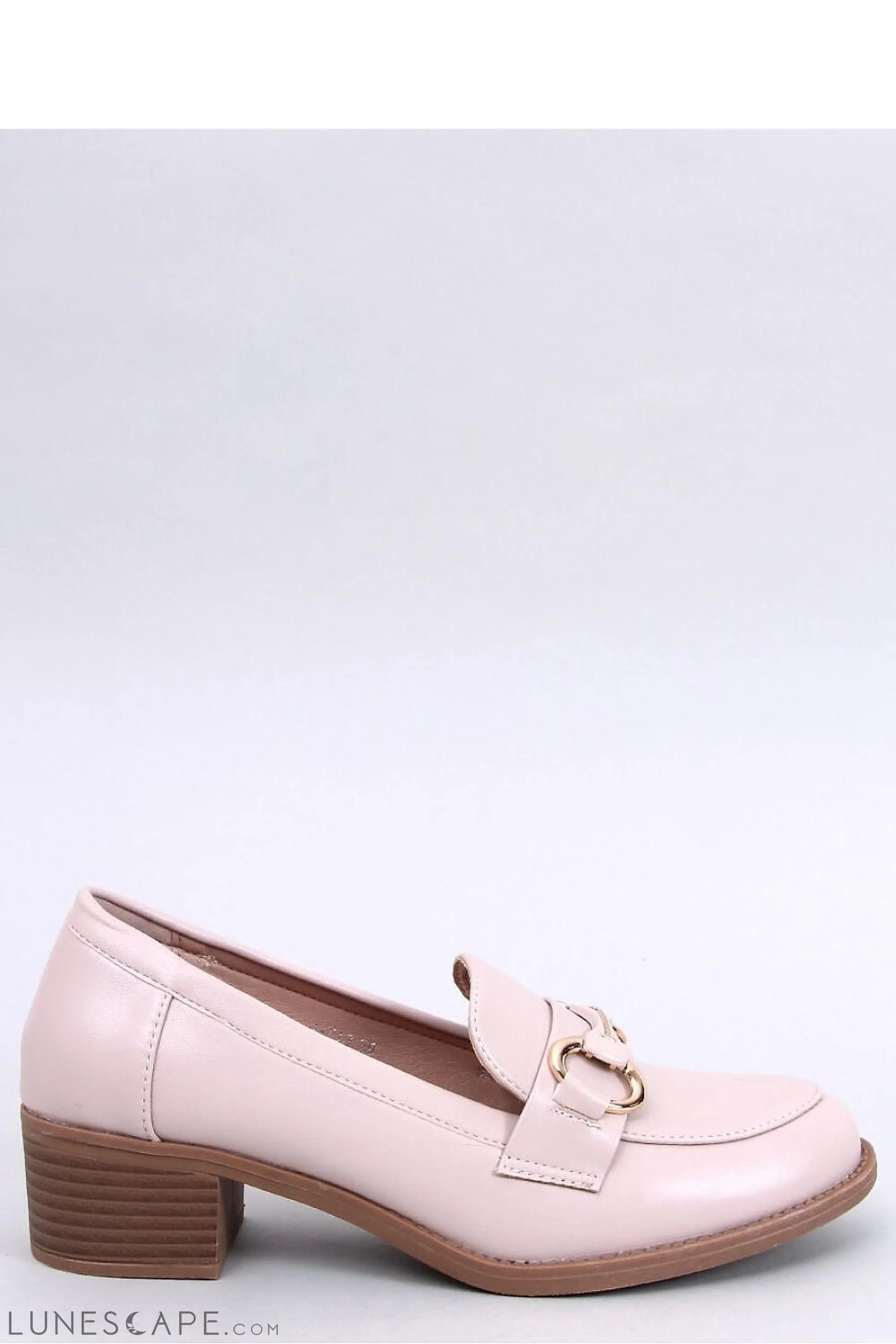 Beige Vegan Leather Womens Loafers – Almond Toe w Gold Horsebit & Low Block Heel LUNESCAPE