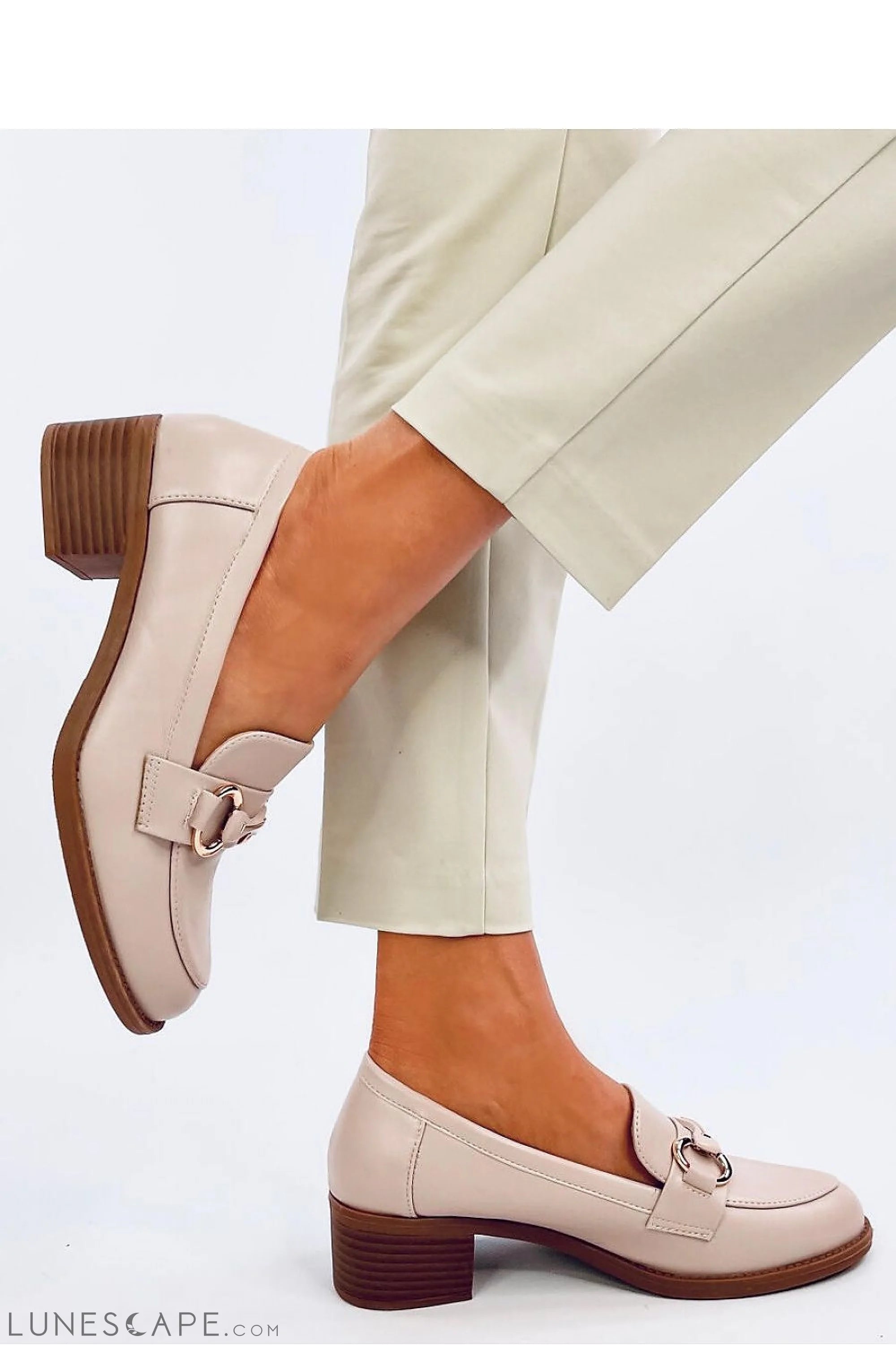 Beige Vegan Leather Womens Loafers – Almond Toe w Gold Horsebit & Low Block Heel LUNESCAPE