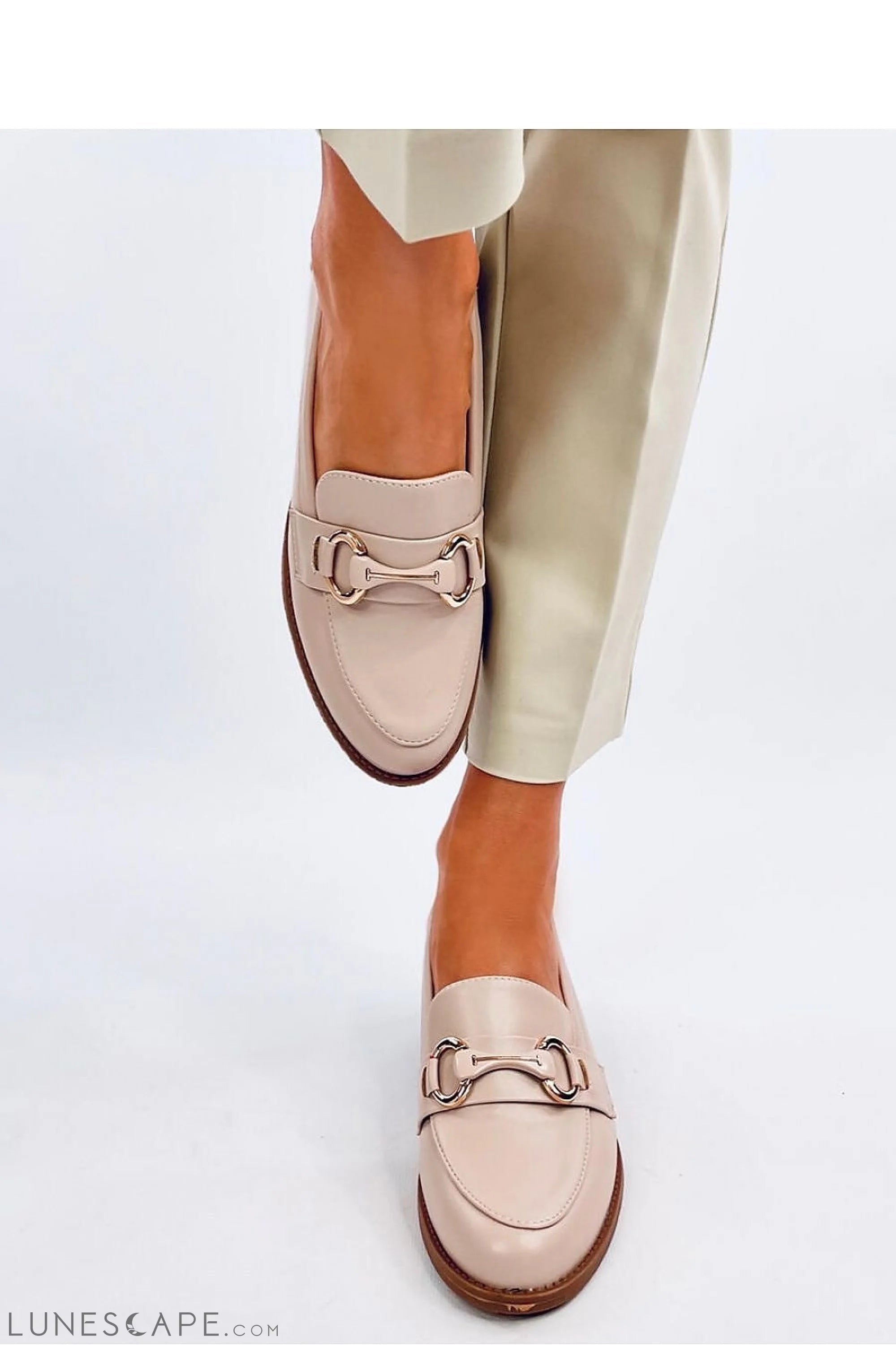 Beige Vegan Leather Womens Loafers – Almond Toe w Gold Horsebit & Low Block Heel LUNESCAPE