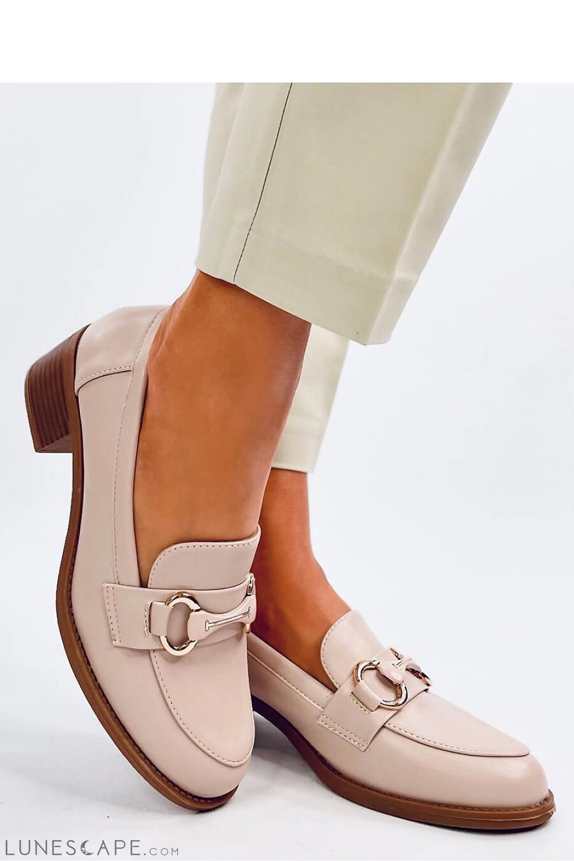Beige Vegan Leather Womens Loafers – Almond Toe w Gold Horsebit & Low Block Heel LUNESCAPE