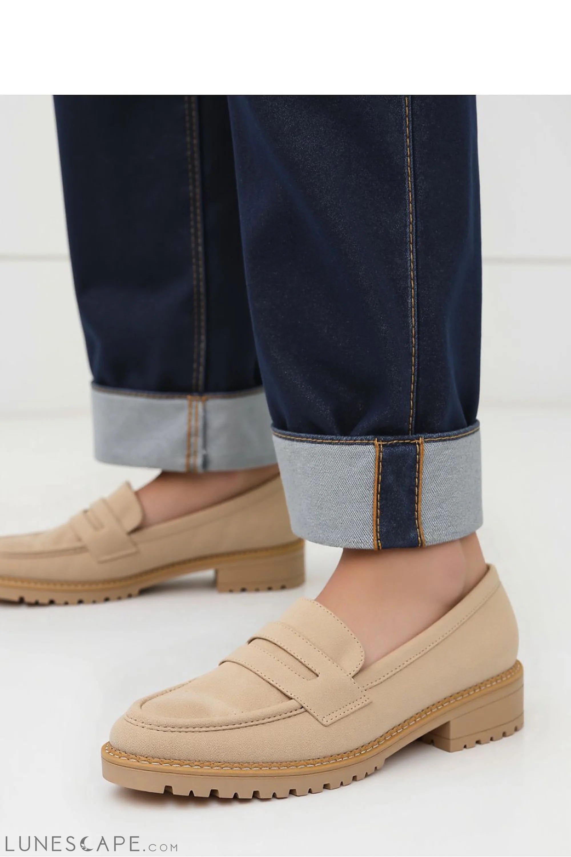 Beige Vegan Suede Penny Loafers with Chunky Sole LUNESCAPE