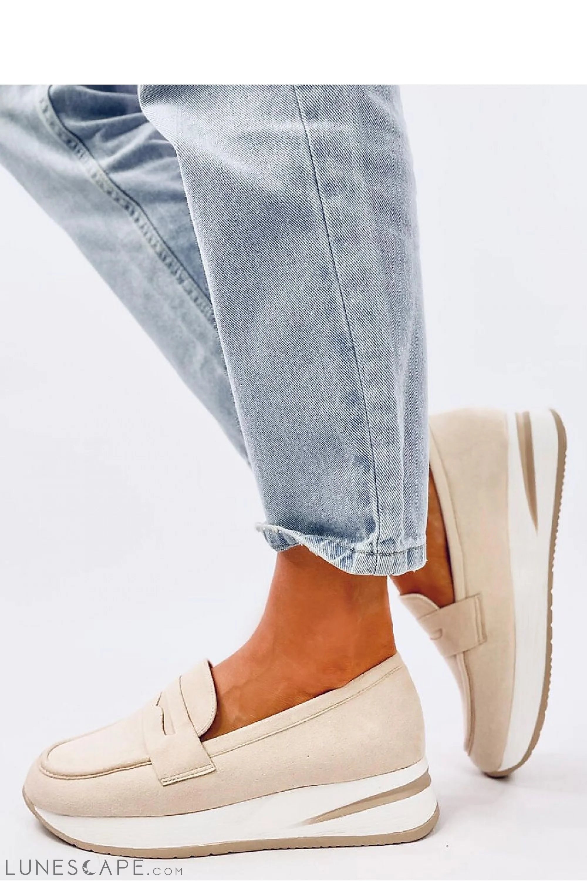 Beige Vegan Suede Platform Loafers – Women's Round Toe with Contrast Sole LUNESCAPE