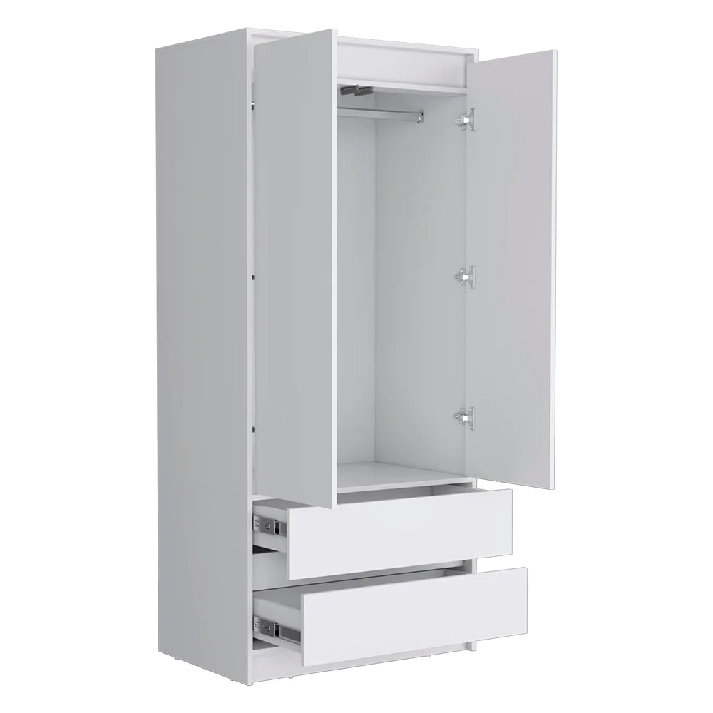 Beloit 3 Piece Bedroom Set, Nightstand + Dresser+ Armoire, White LUNESCAPE