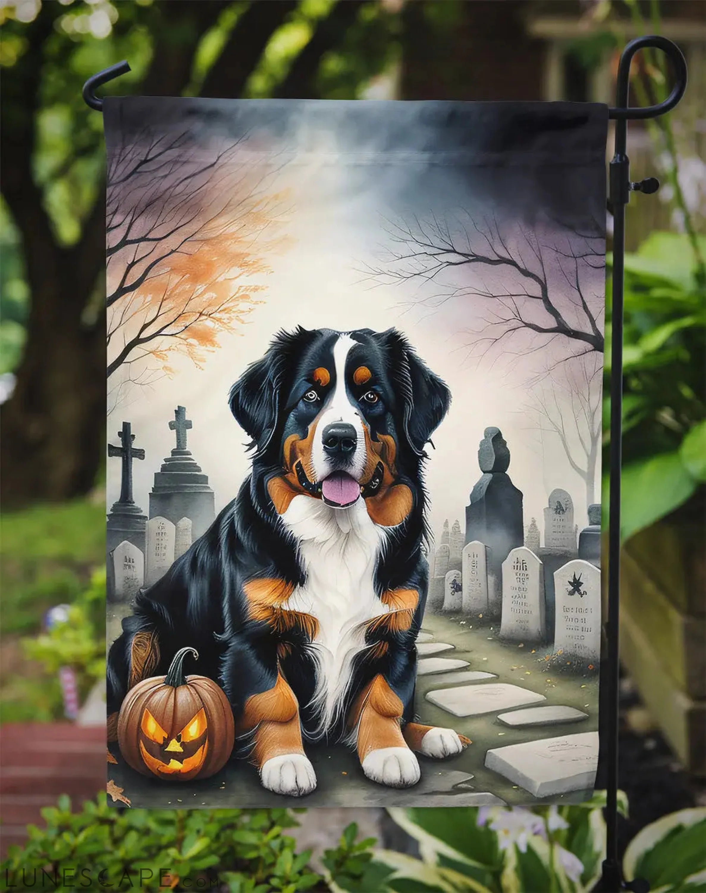 Bernese Mountain Dog Spooky Halloween Garden Flag LUNESCAPE