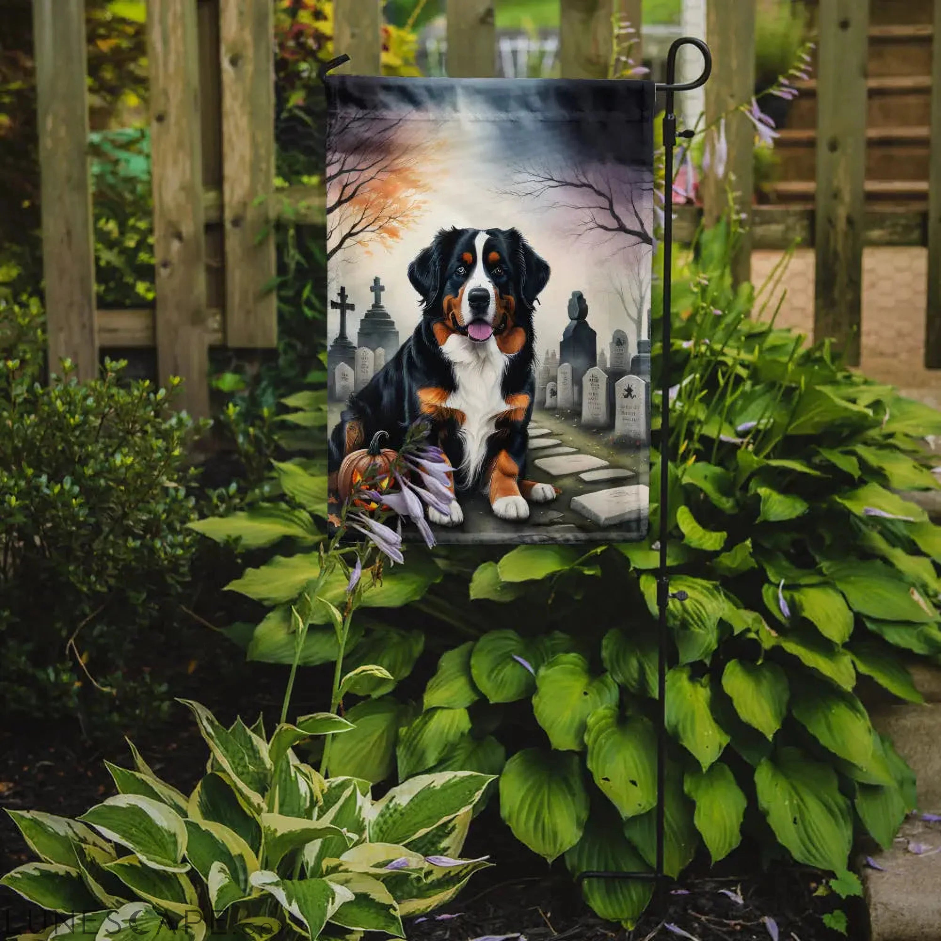 Bernese Mountain Dog Spooky Halloween Garden Flag LUNESCAPE