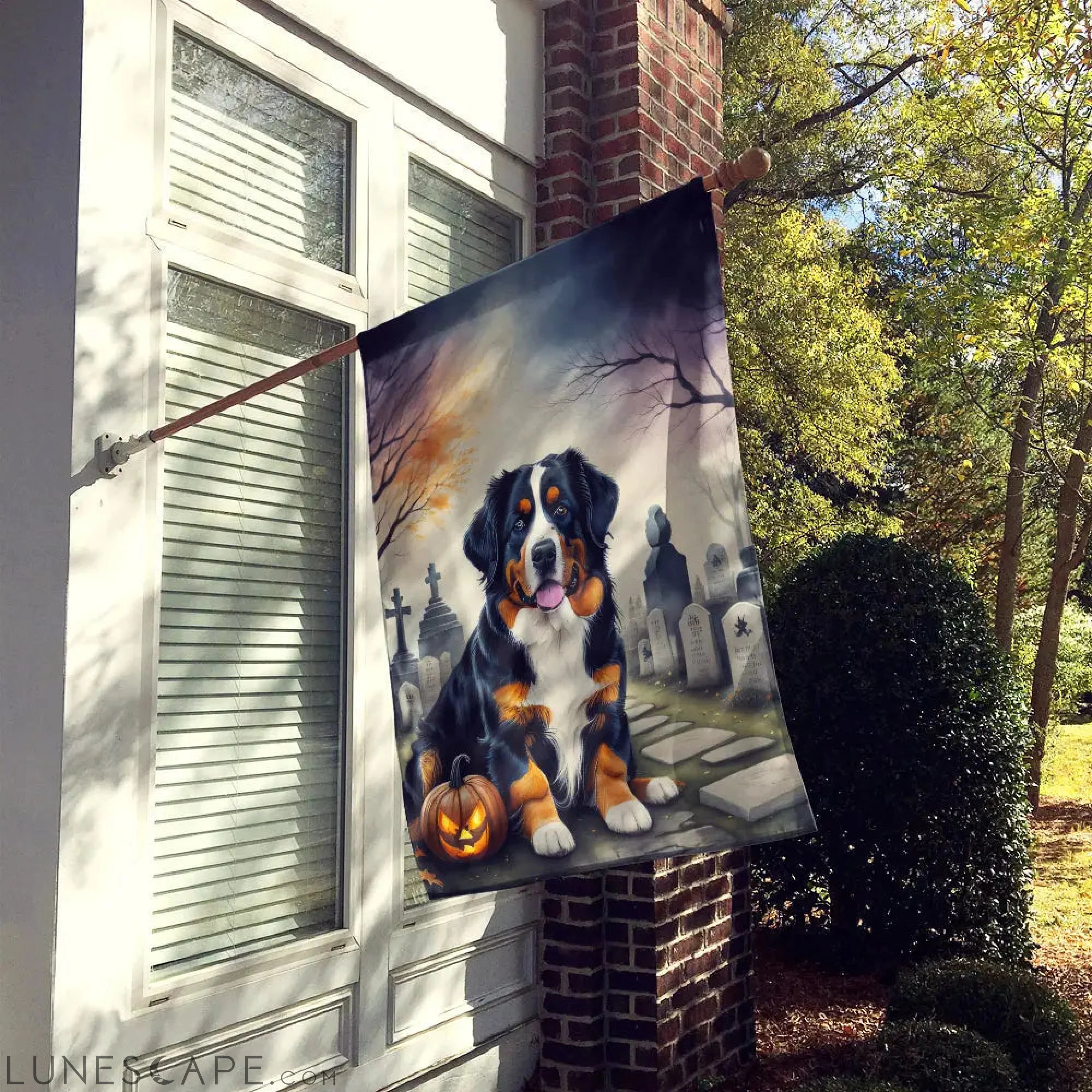 Bernese Mountain Dog Spooky Halloween House Flag LUNESCAPE