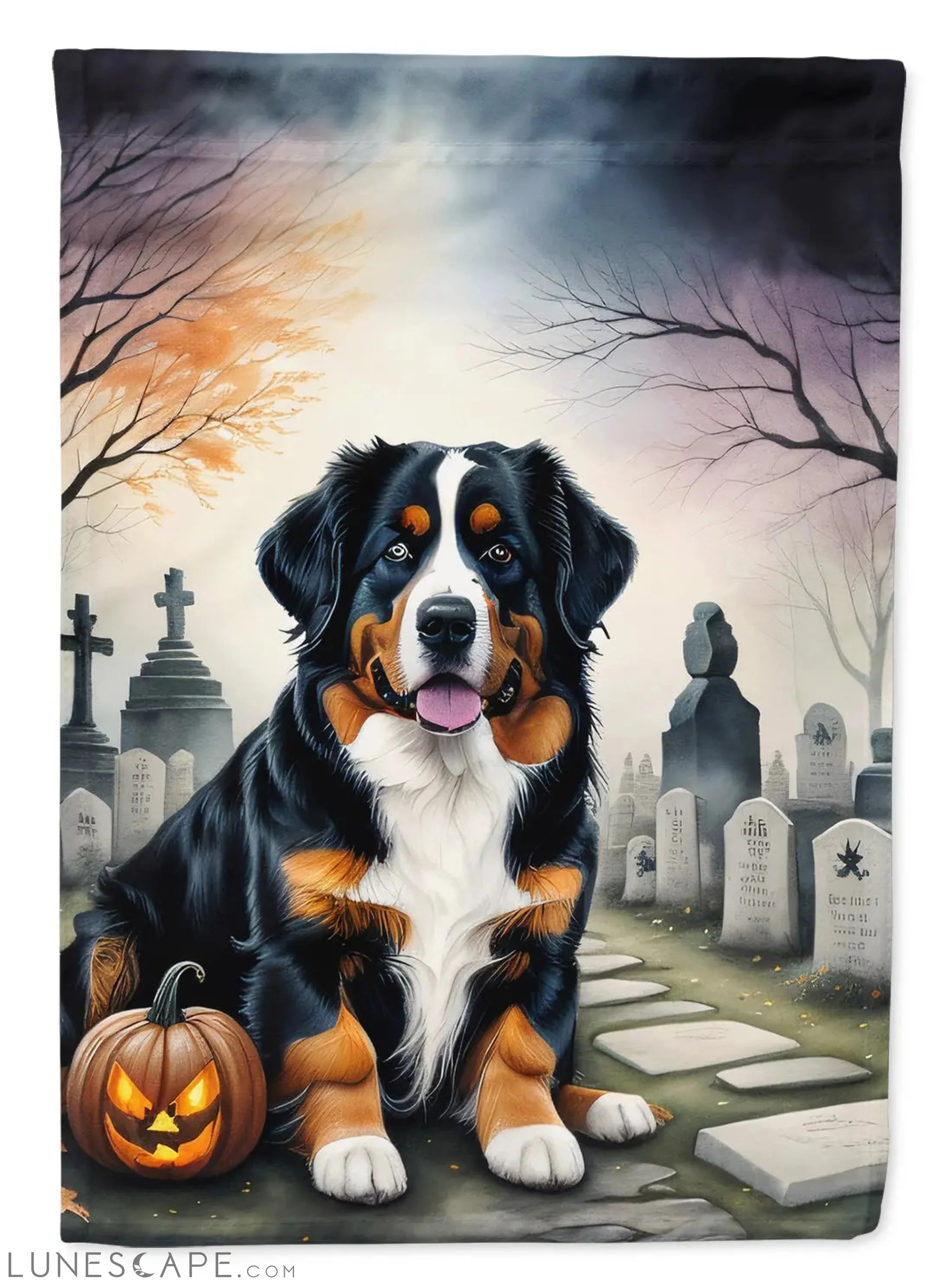 Bernese Mountain Dog Spooky Halloween House Flag LUNESCAPE