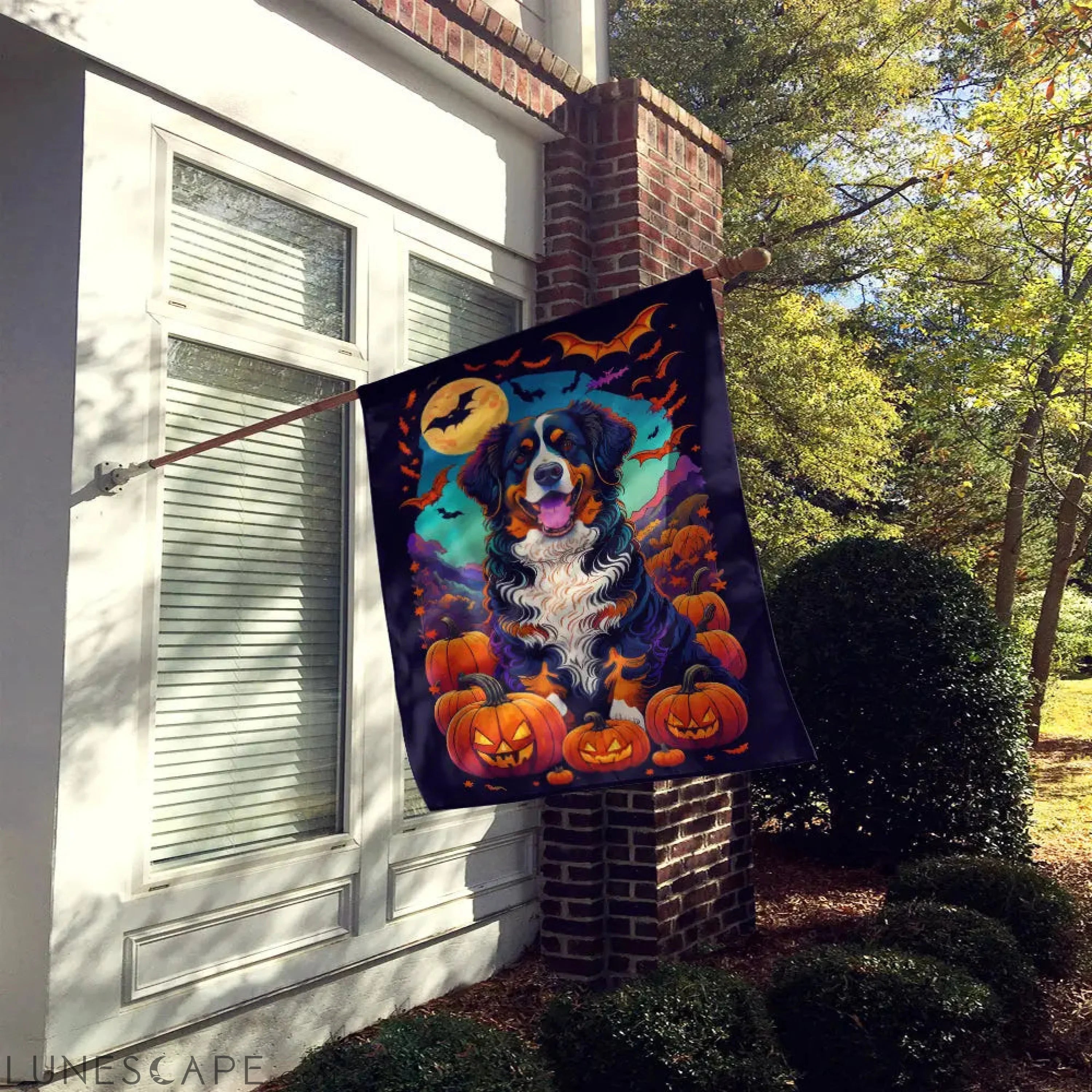 Bernese Mountain Dog Witchy Halloween House Flag LUNESCAPE
