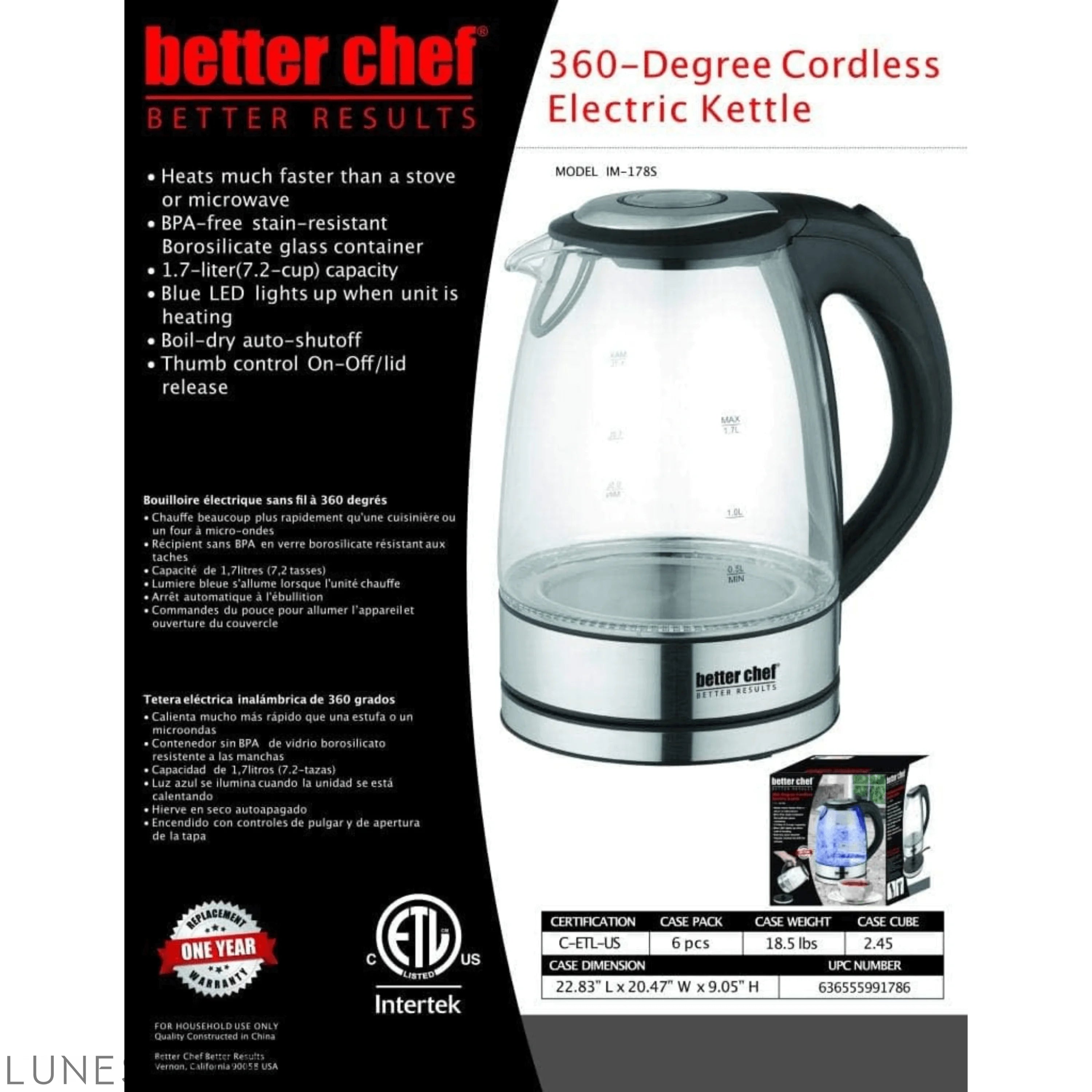 Better Chef 1500W 7-Cup Cordless Electric Borosilicate Glass Kettle LUNESCAPE