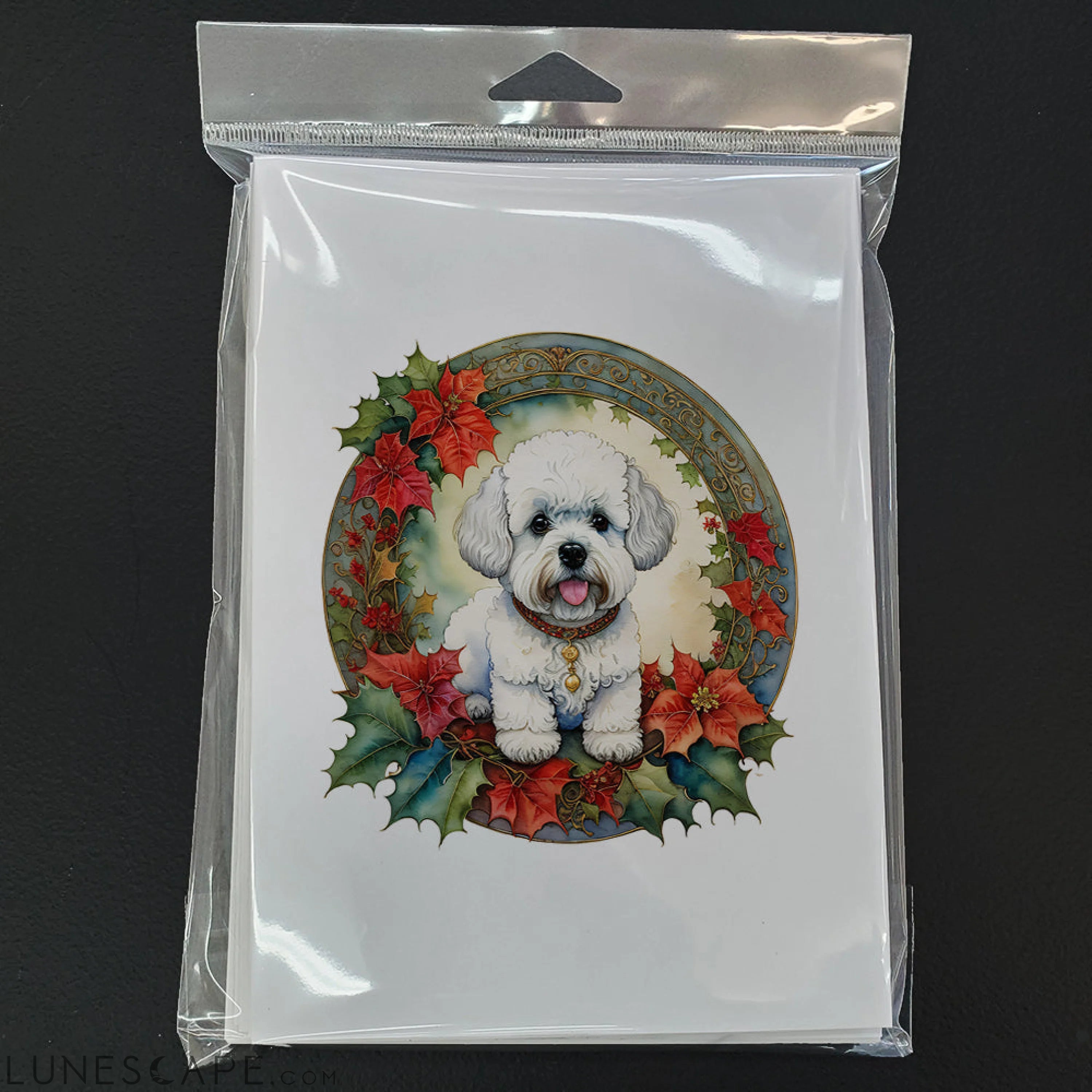 Bichon Frise Christmas Flowers Greeting Cards Pack of 8 LUNESCAPE
