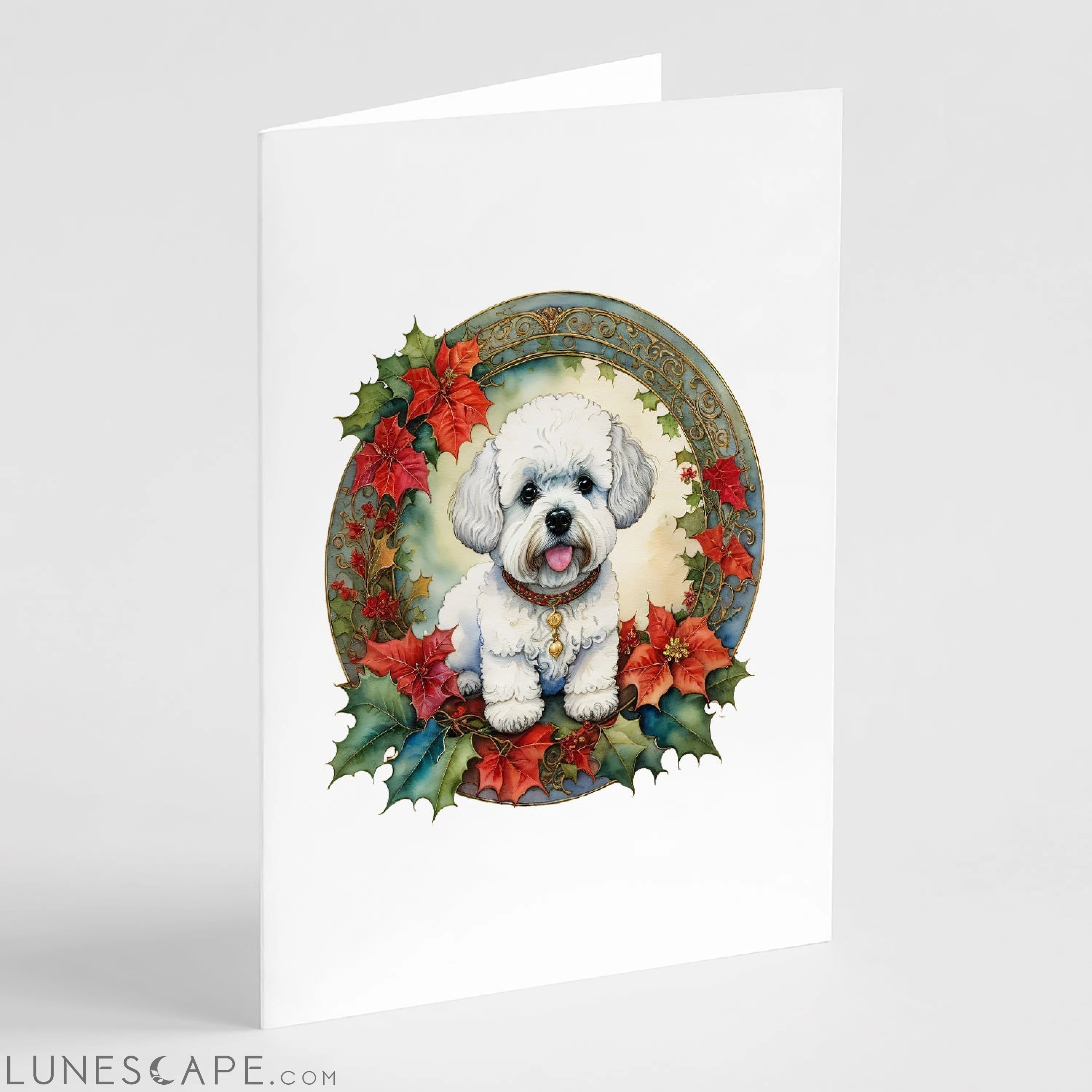 Bichon Frise Christmas Flowers Greeting Cards Pack of 8 LUNESCAPE